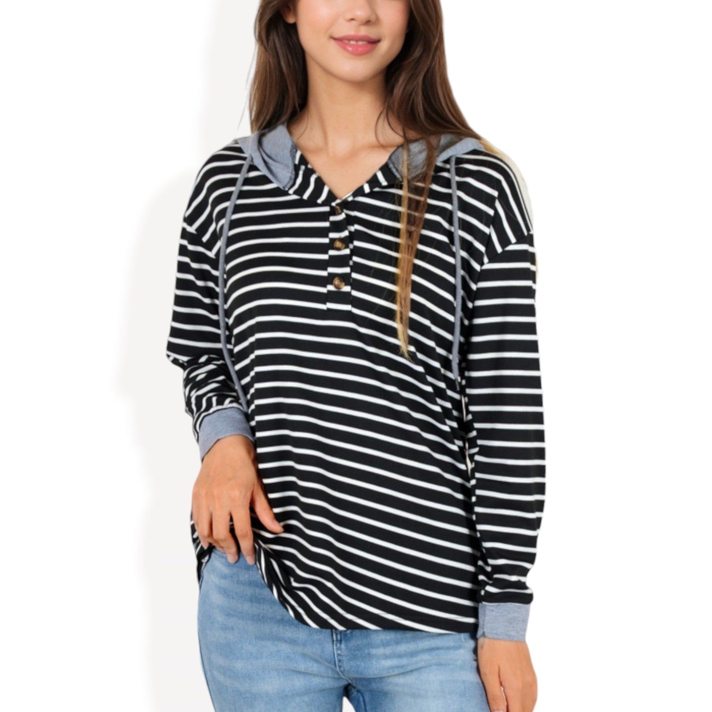 Striped Long Sleeve Hoodie with Button Placket and Contrast Cuffs