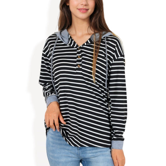 Striped Long Sleeve Hoodie with Button Placket and Contrast Cuffs