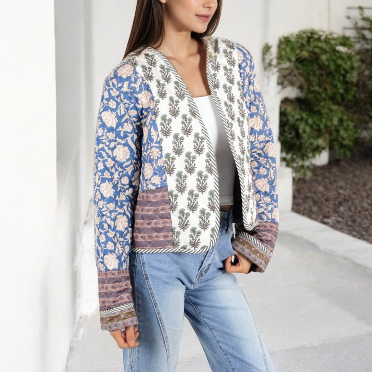Patchwork Open Front Jacket with Floral and Geometric Prints