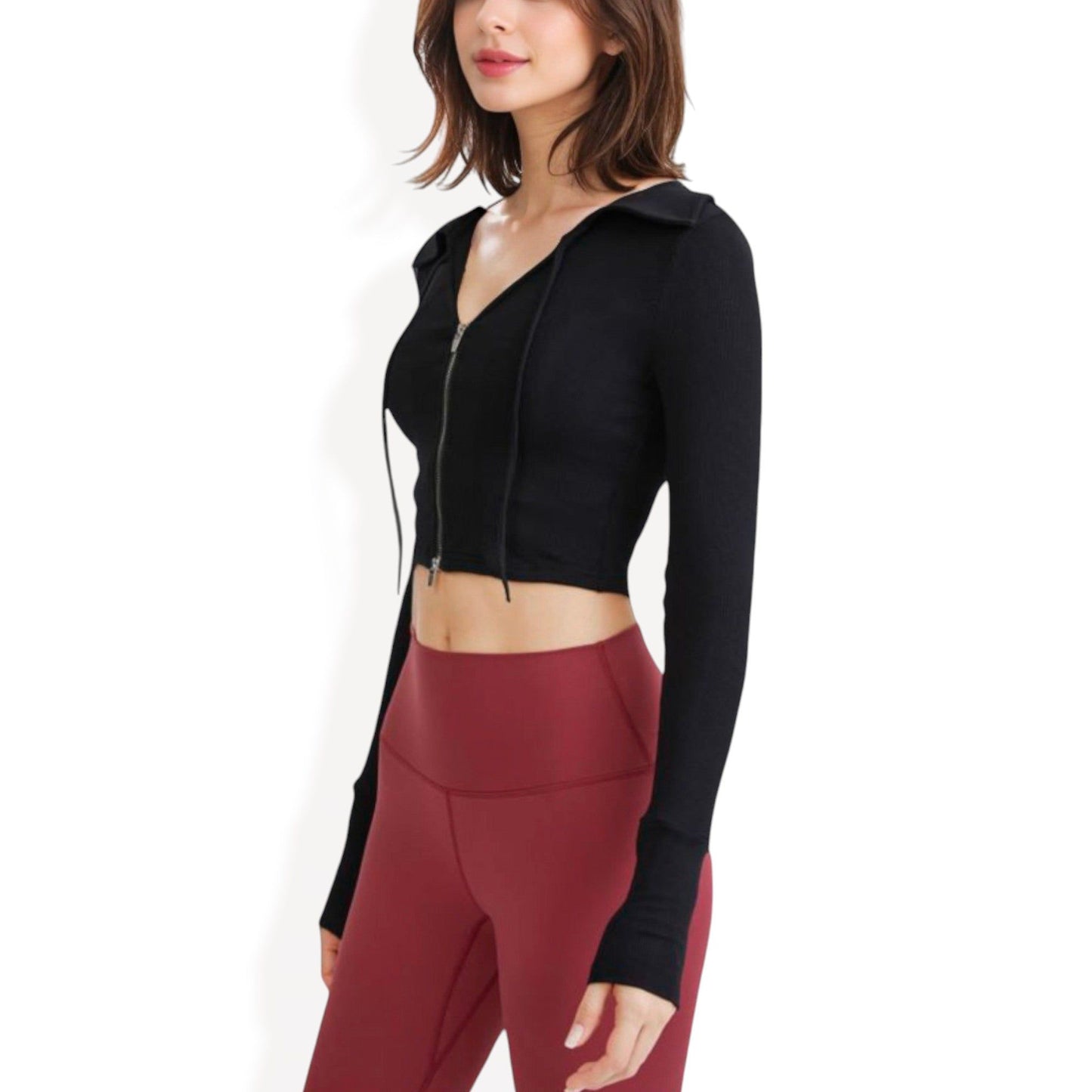 Zip Front Cropped Hoodie with Long Sleeves and Thumb Holes