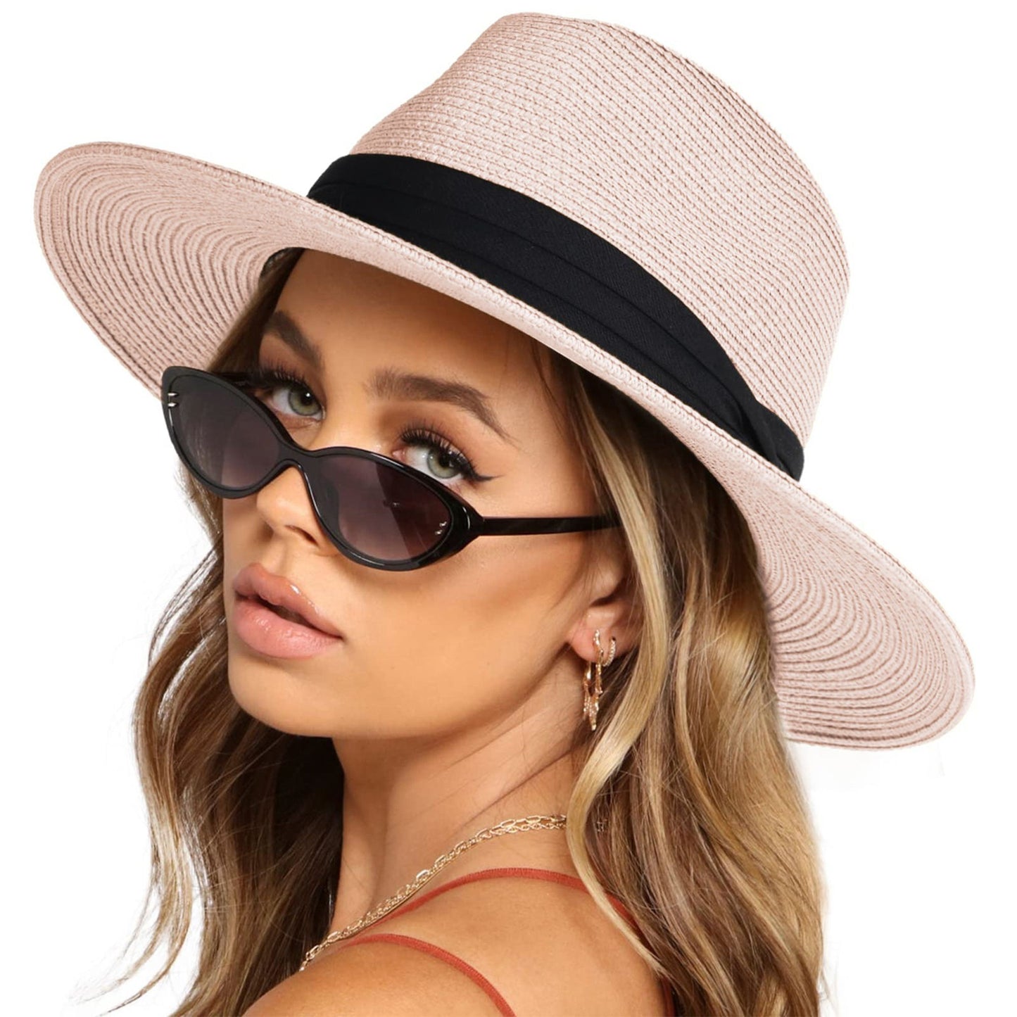 Anna-Kaci Wide Brim Straw Fedora Sun Hat with Black Band Lightweight Packable Summer Panama Hat for UV Protection