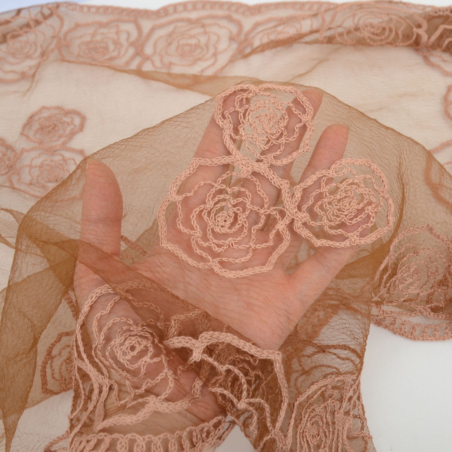 Anna-Kaci Women's Sheer Lace Neck Scarf with Embroidered Rose Floral Edging and Scalloped Trim Detail