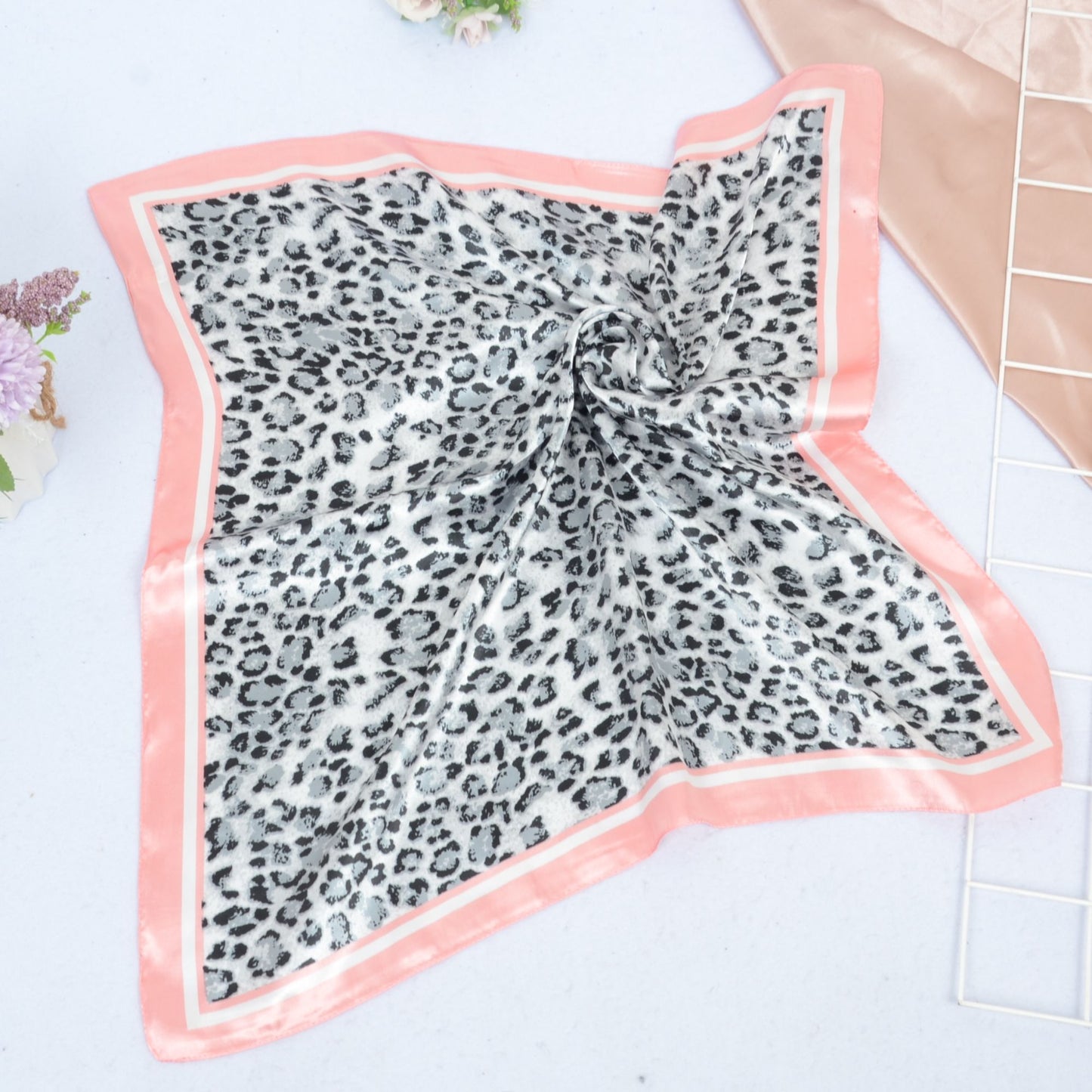 Anna-Kaci Women's Leopard Print Square Scarf with Contrast Border Satin Feel Lightweight Neck Accessory