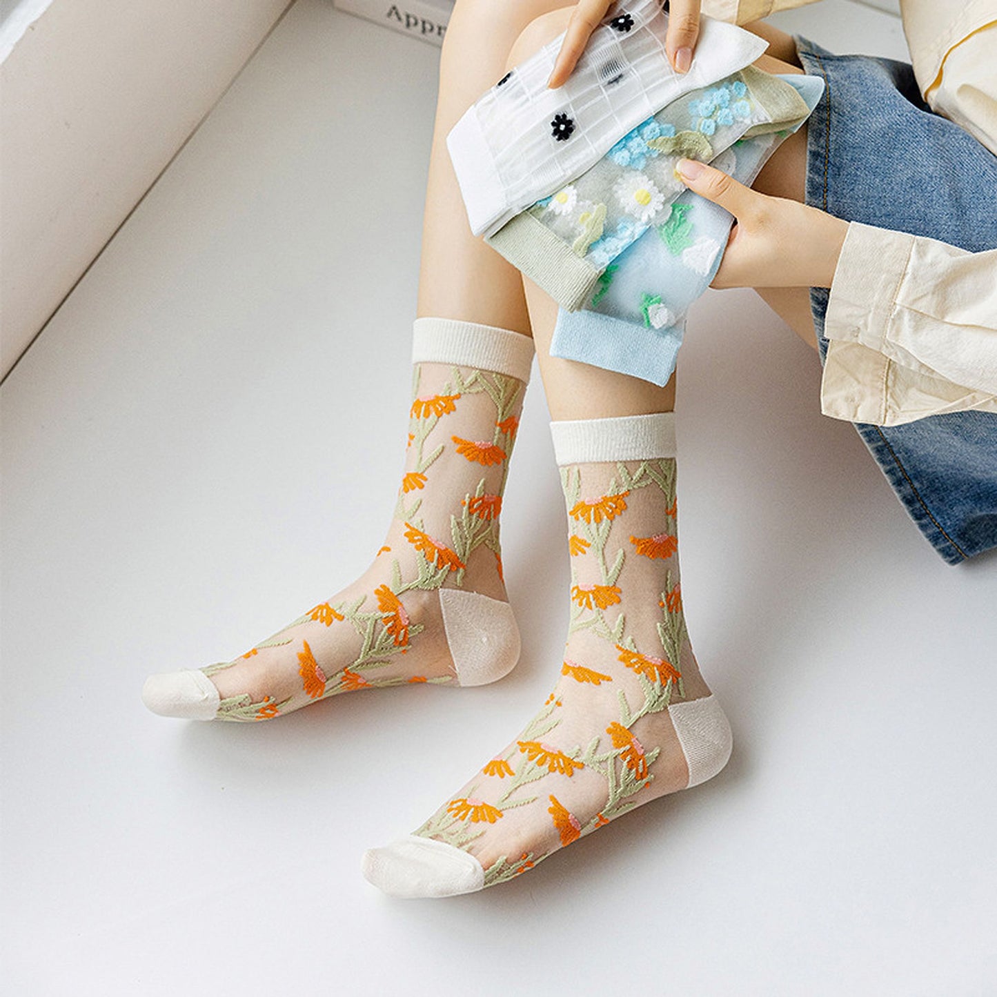 Anna-Kaci Women's Floral Embroidered Sheer Ankle Socks 6pk