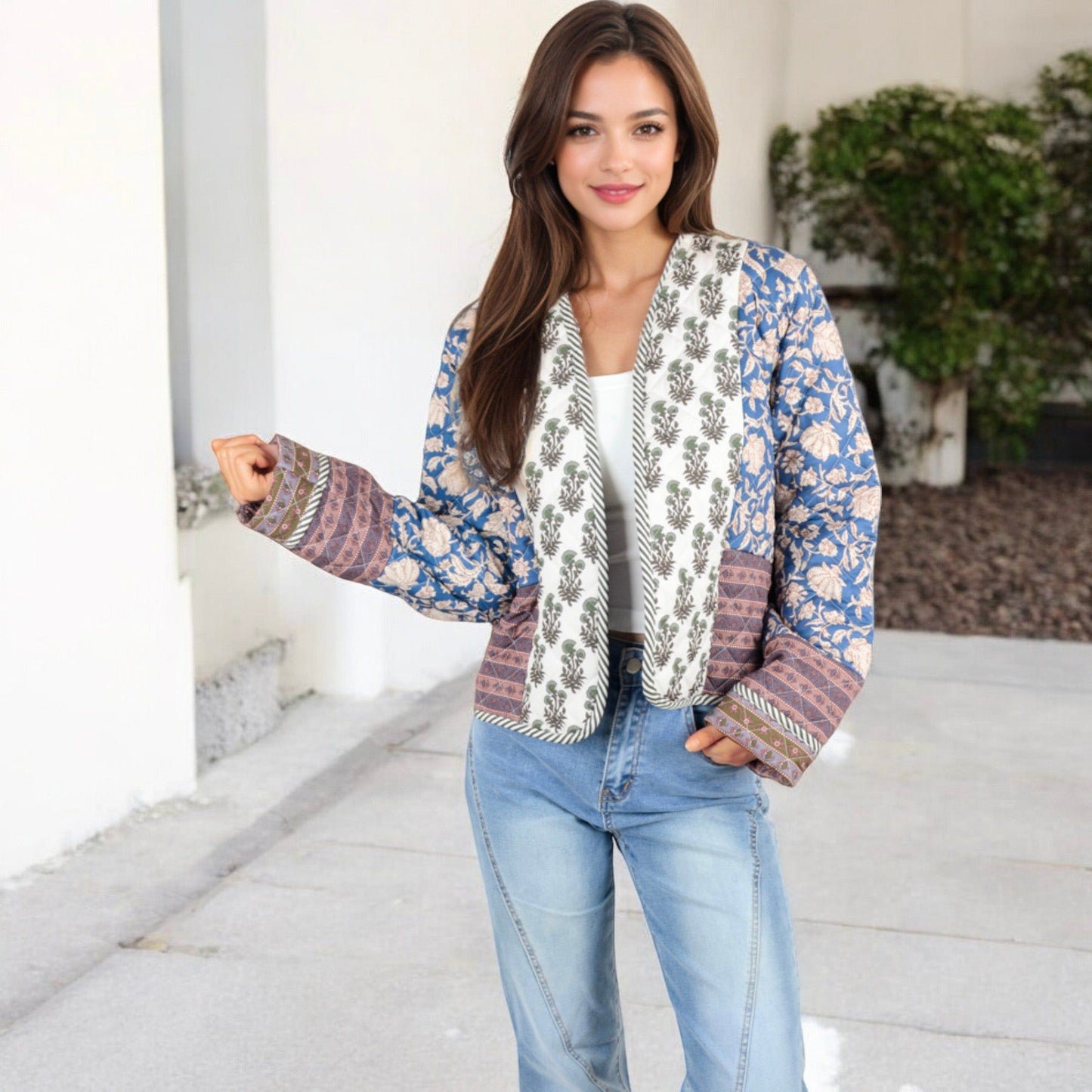 Patchwork Open Front Jacket with Floral and Geometric Prints