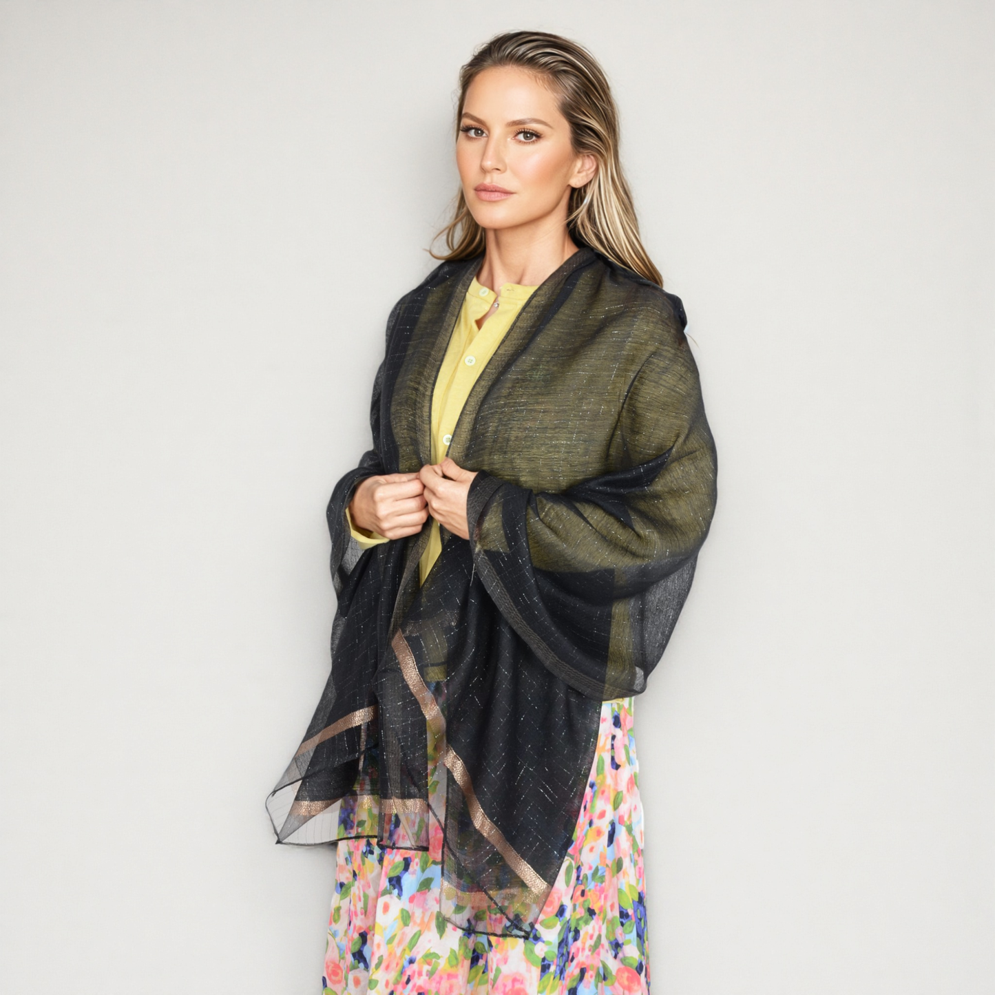 Anna-Kaci Women's Lightweight Sheer Scarf with Subtle Metallic Thread Detail Elegant Long Wrap Accessory