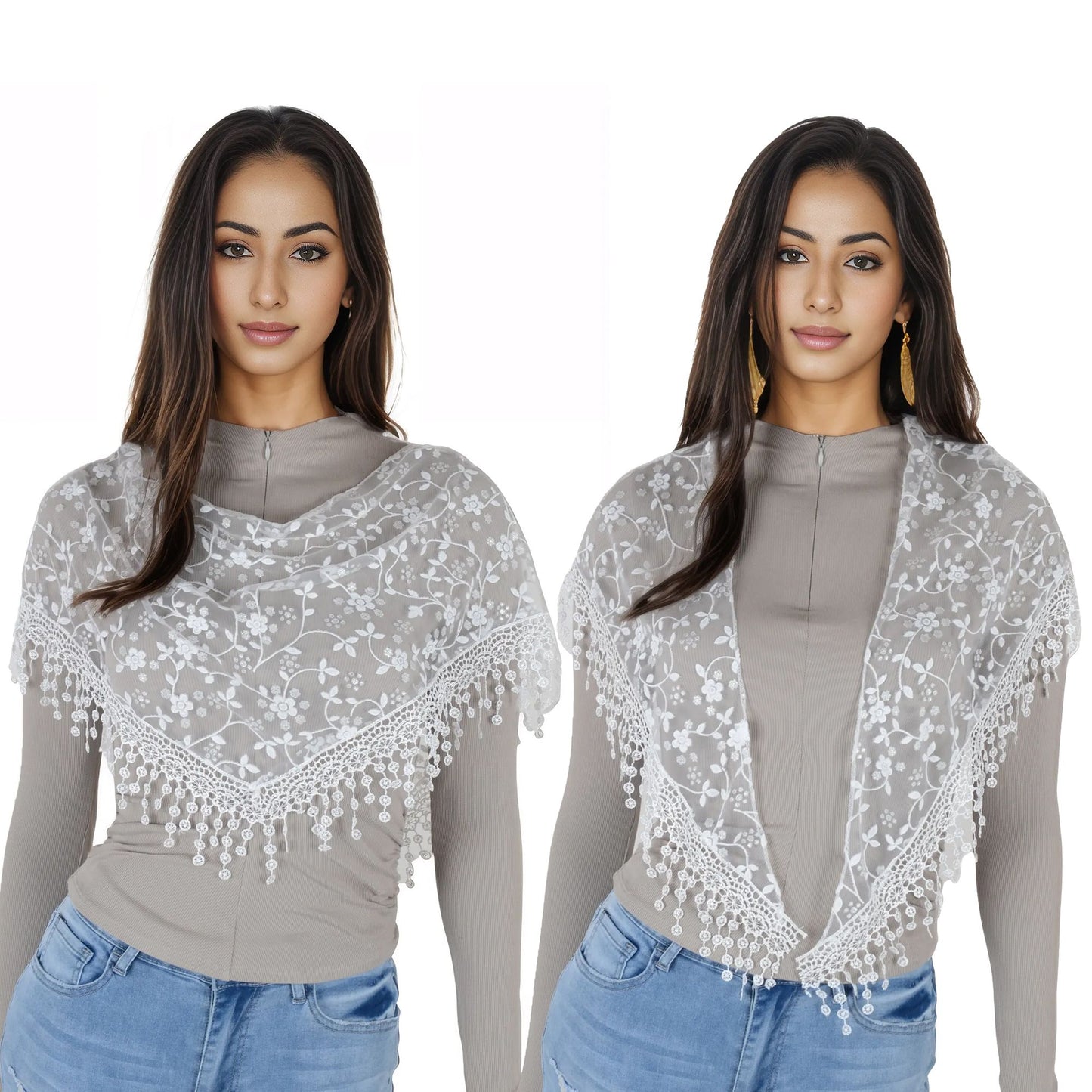 Anna-Kaci Lightweight Lace Floral Head Scarf Fringe Triangular Shawl Scarf Wrap Bandana for Women