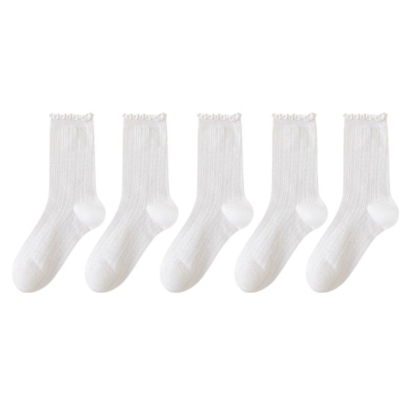 Anna-Kaci Women's Ribbed Crew Socks with Ruffle Lettuce Trim Soft Stretch Knit Comfortable Everyday 5-Pack