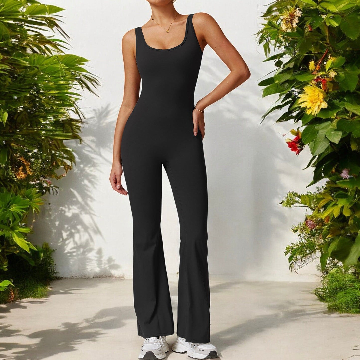 Seamless Flared Bodysuit with Scoop Neck for Activewear