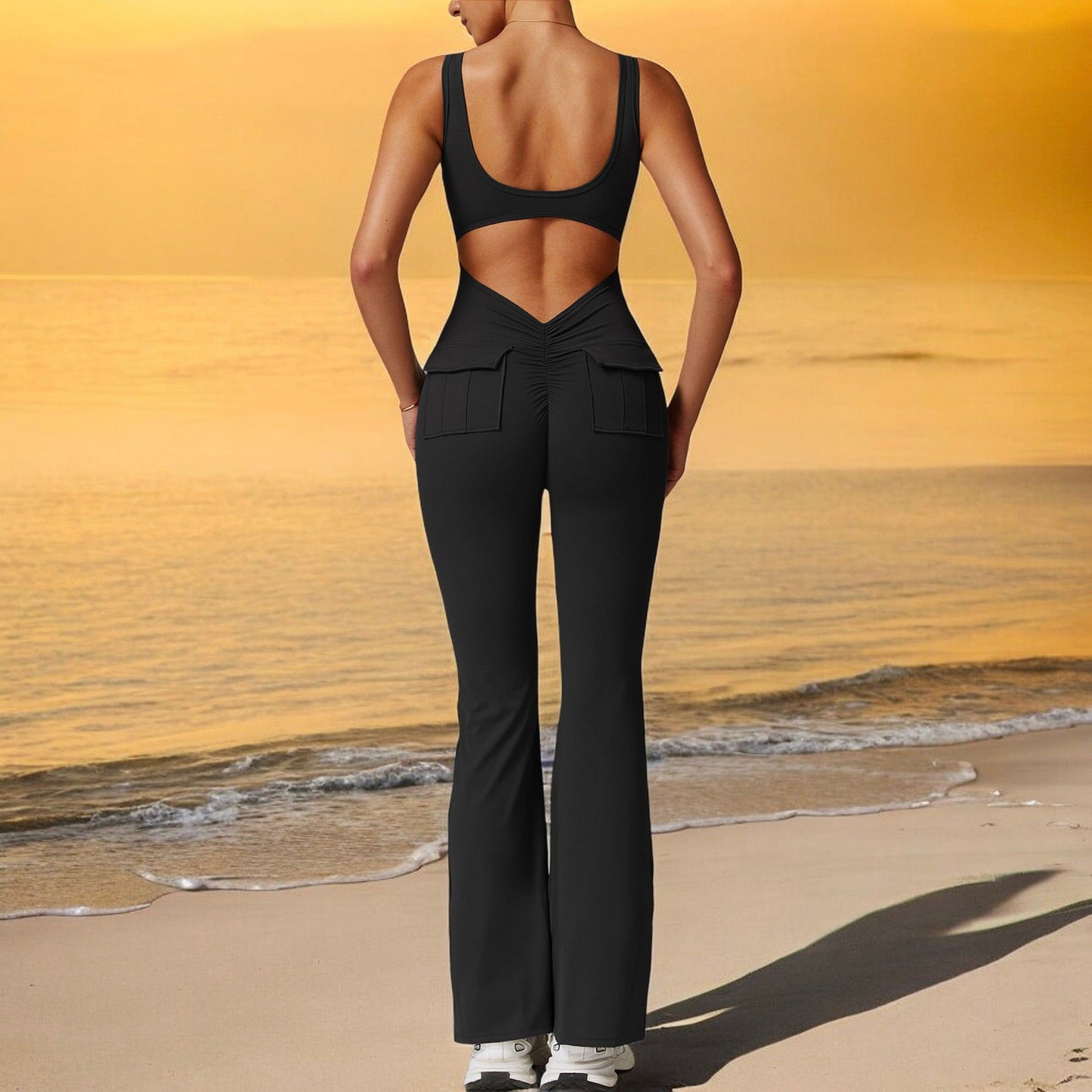 Seamless Flared Bodysuit with Scoop Neck for Activewear