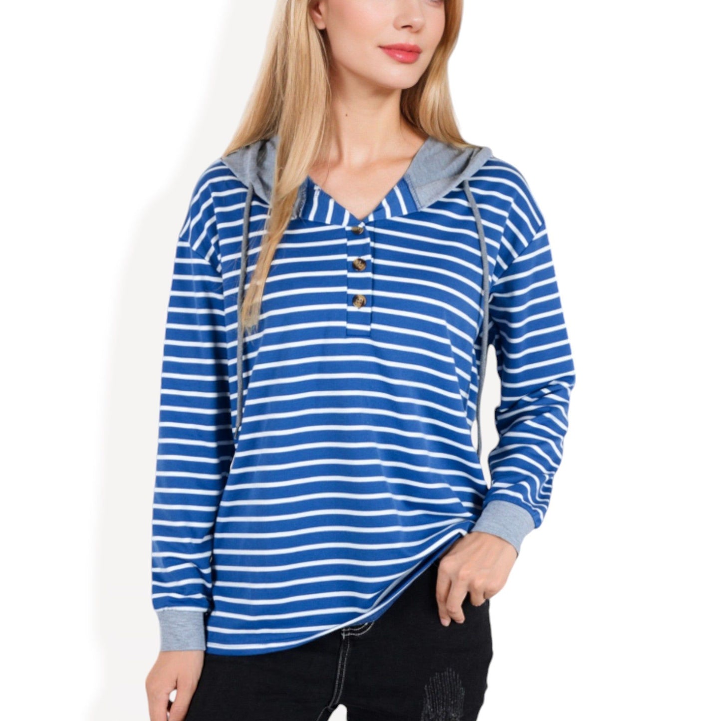 Striped Long Sleeve Hoodie with Button Placket and Contrast Cuffs