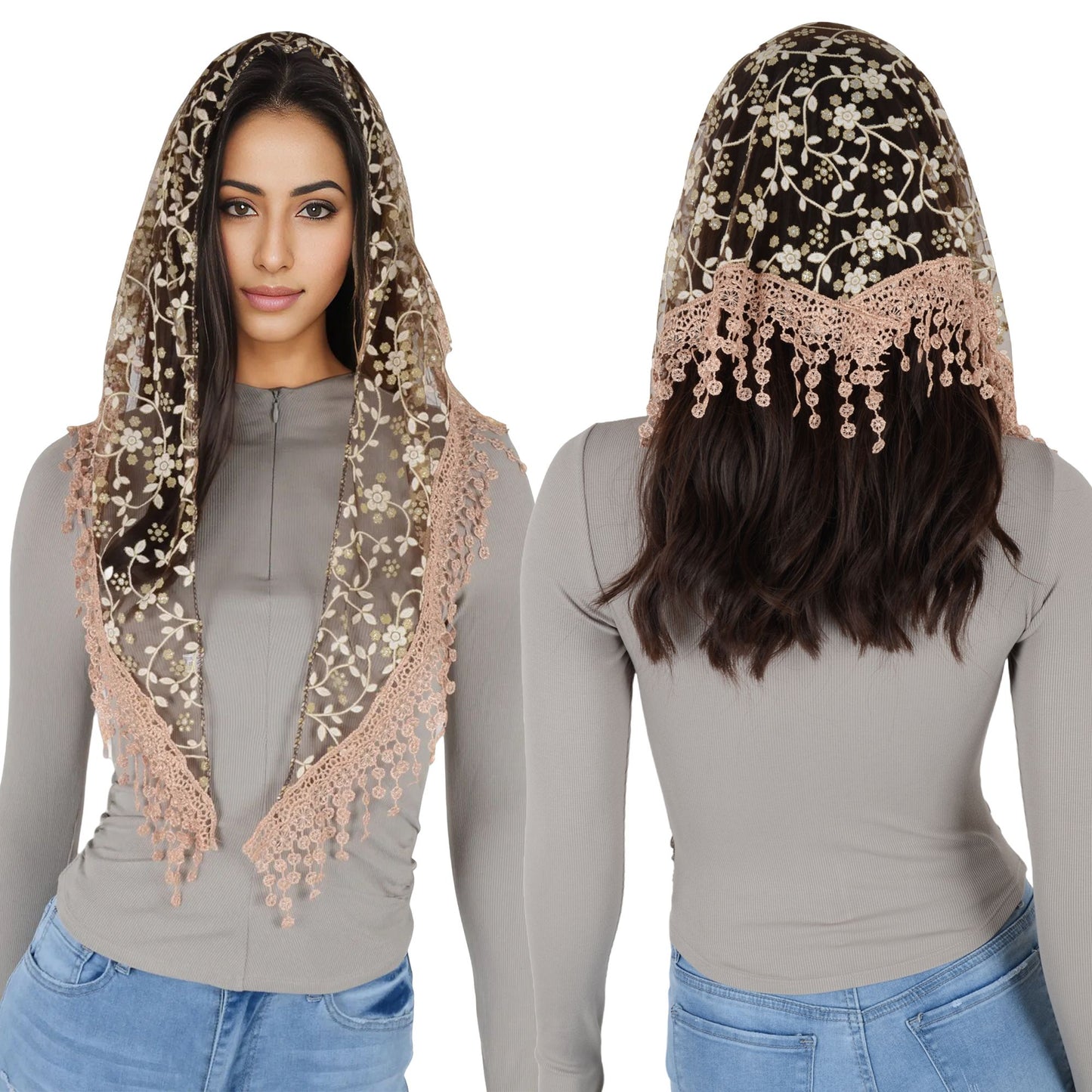 Anna-Kaci Lightweight Lace Floral Head Scarf Fringe Triangular Shawl Scarf Wrap Bandana for Women