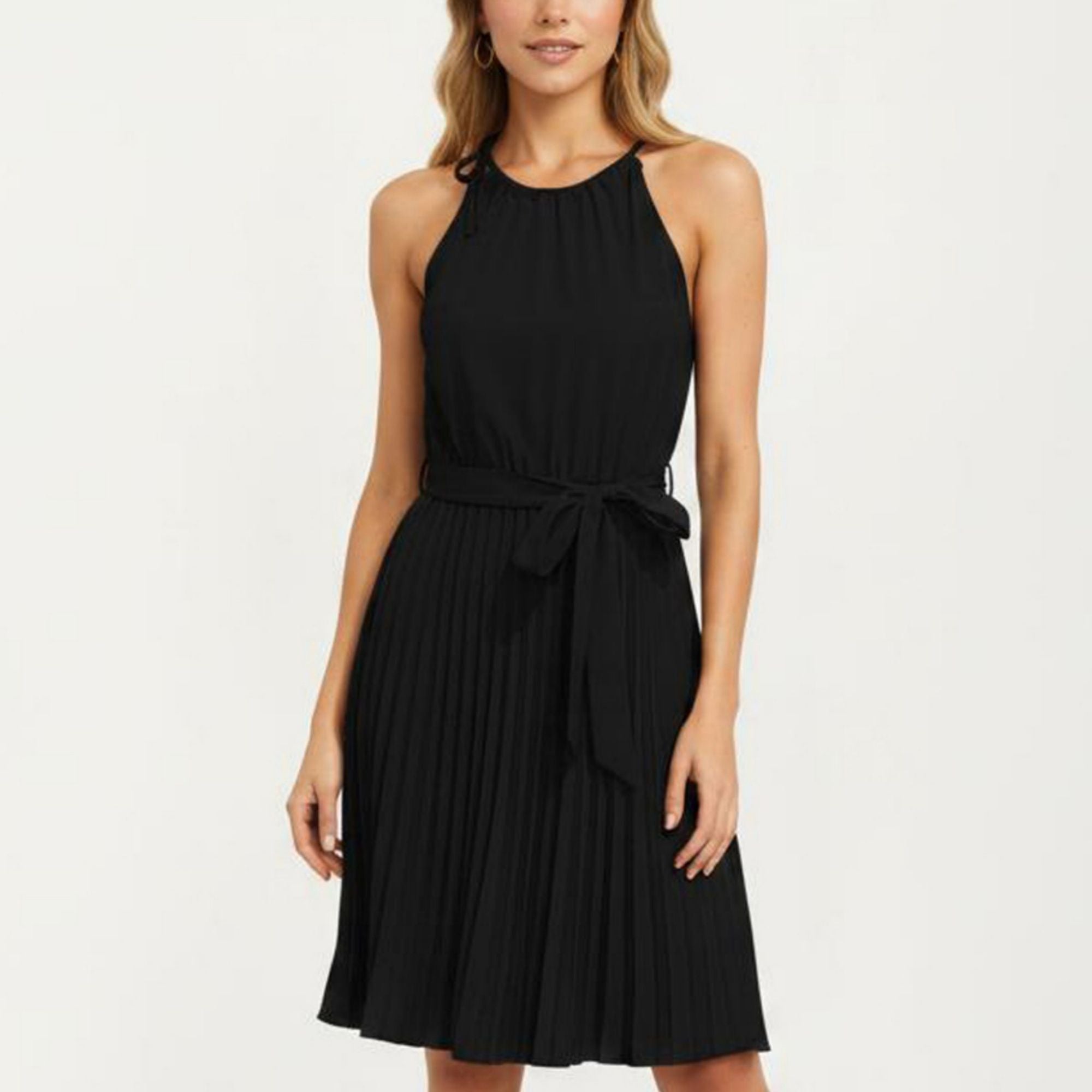 Anna-Kaci Women's Sleeveless Halter Midi Dress with Pleated Skirt and Waist Tie, Small 4-6 / Black