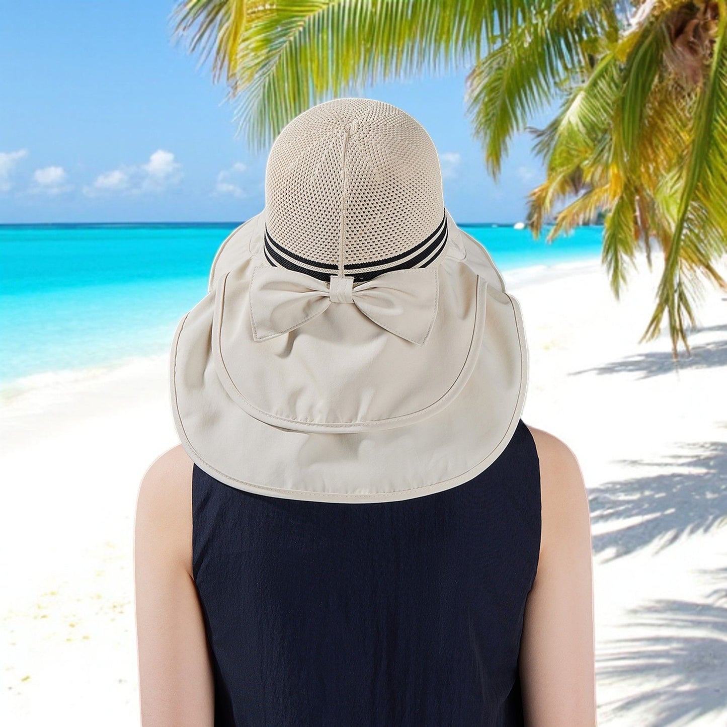 Anna-Kaci Wide Brim Mesh Sun Hat with Back Bow UV Protection Foldable Travel Hat for Women Outdoor Summer Style