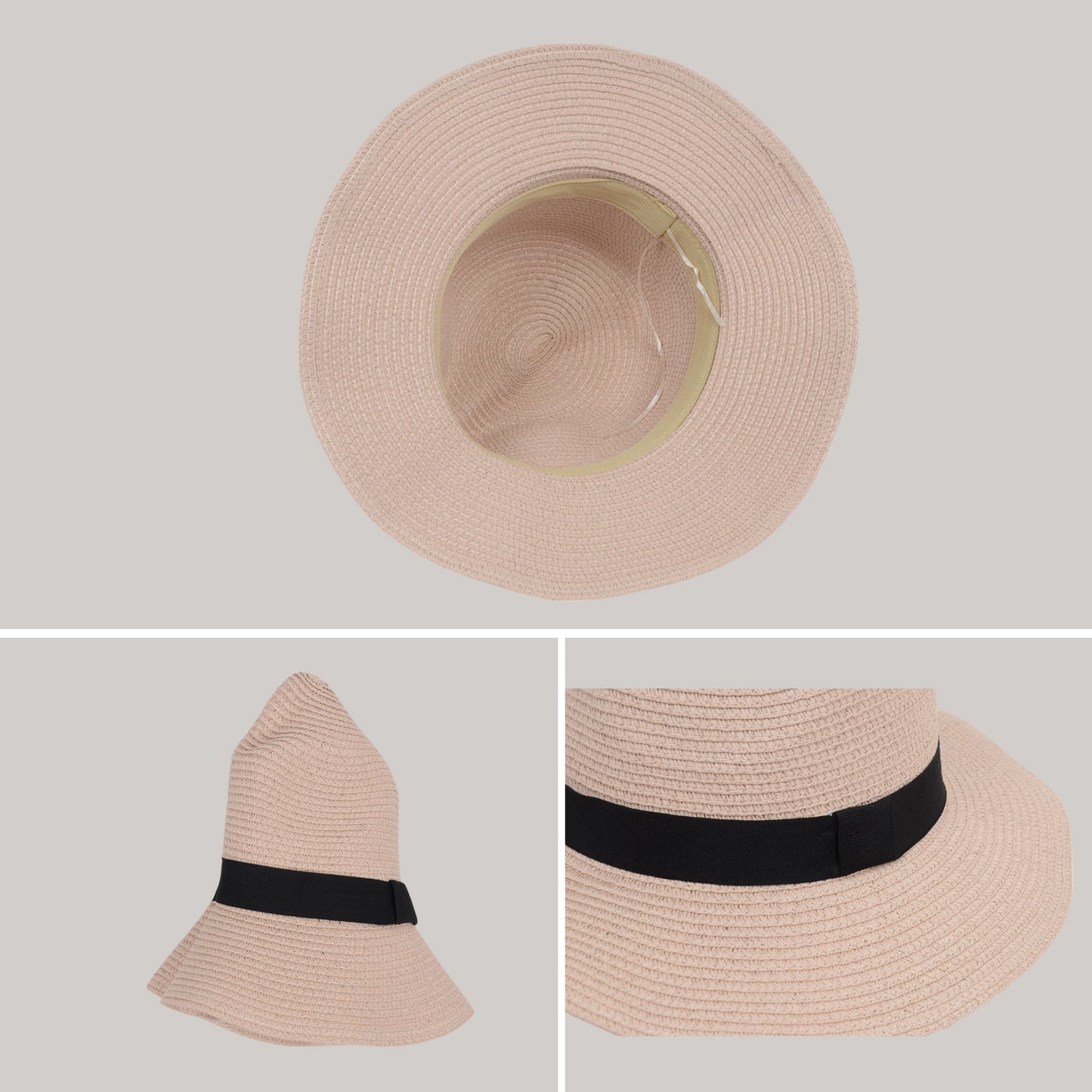 Anna-Kaci Wide Brim Straw Fedora Sun Hat with Black Band Lightweight Packable Summer Panama Hat for UV Protection