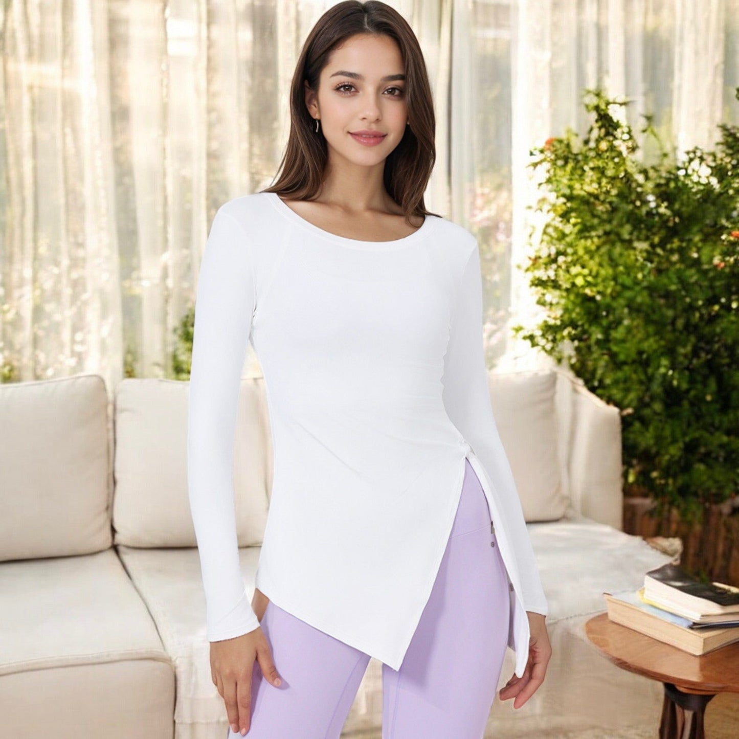 Long Sleeve Side-Tie Activewear Top with Asymmetric Hem