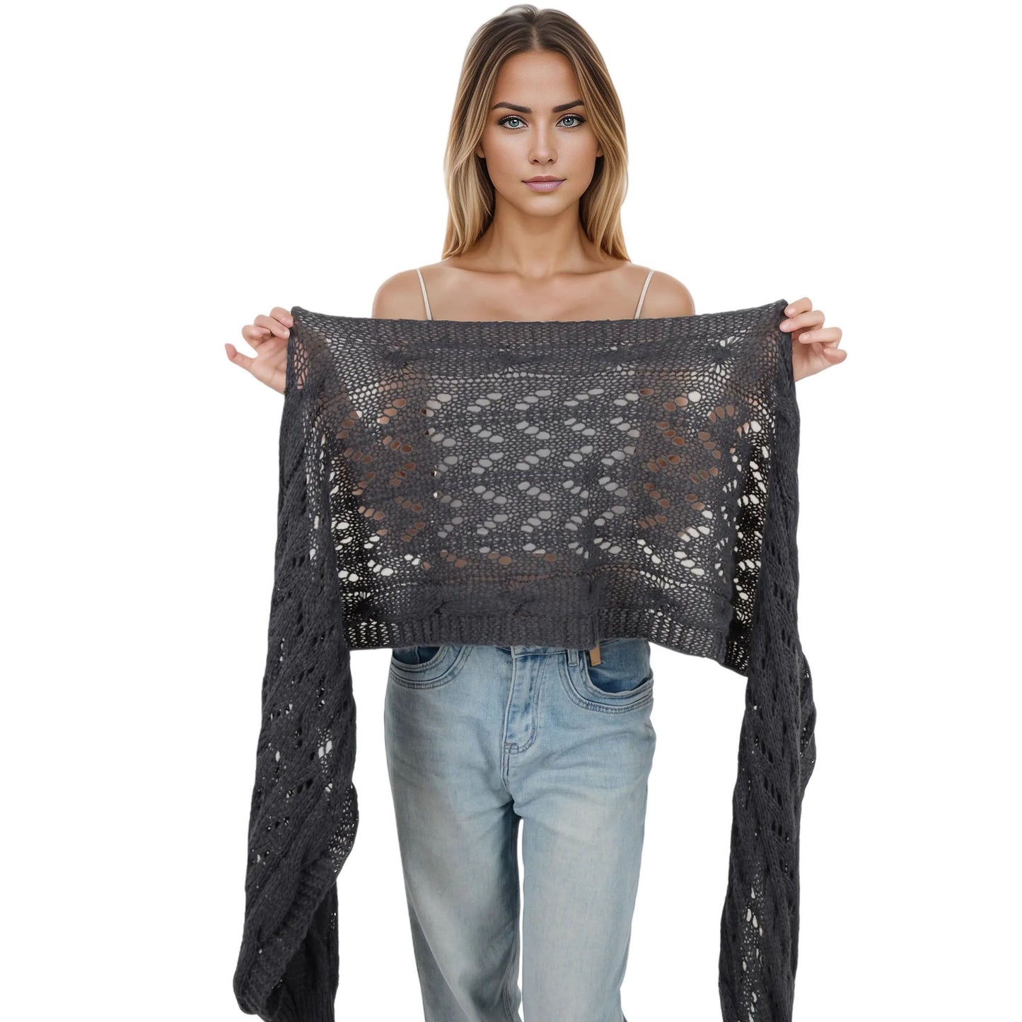 Anna-Kaci Womens Multifunctional Scarf with Sleeves Solid Color Crochet Knitted Cable Scarf Sweater Wraps