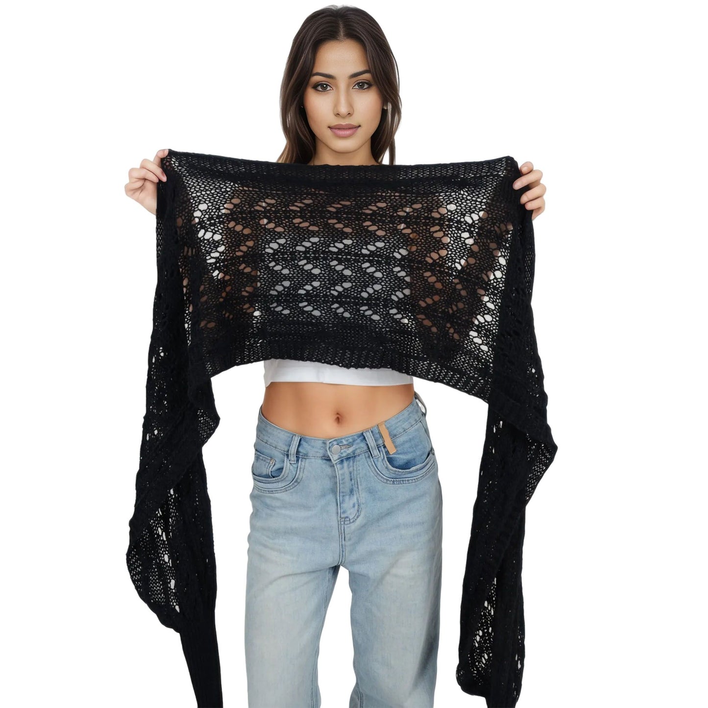 Anna-Kaci Womens Multifunctional Scarf with Sleeves Solid Color Crochet Knitted Cable Scarf Sweater Wraps