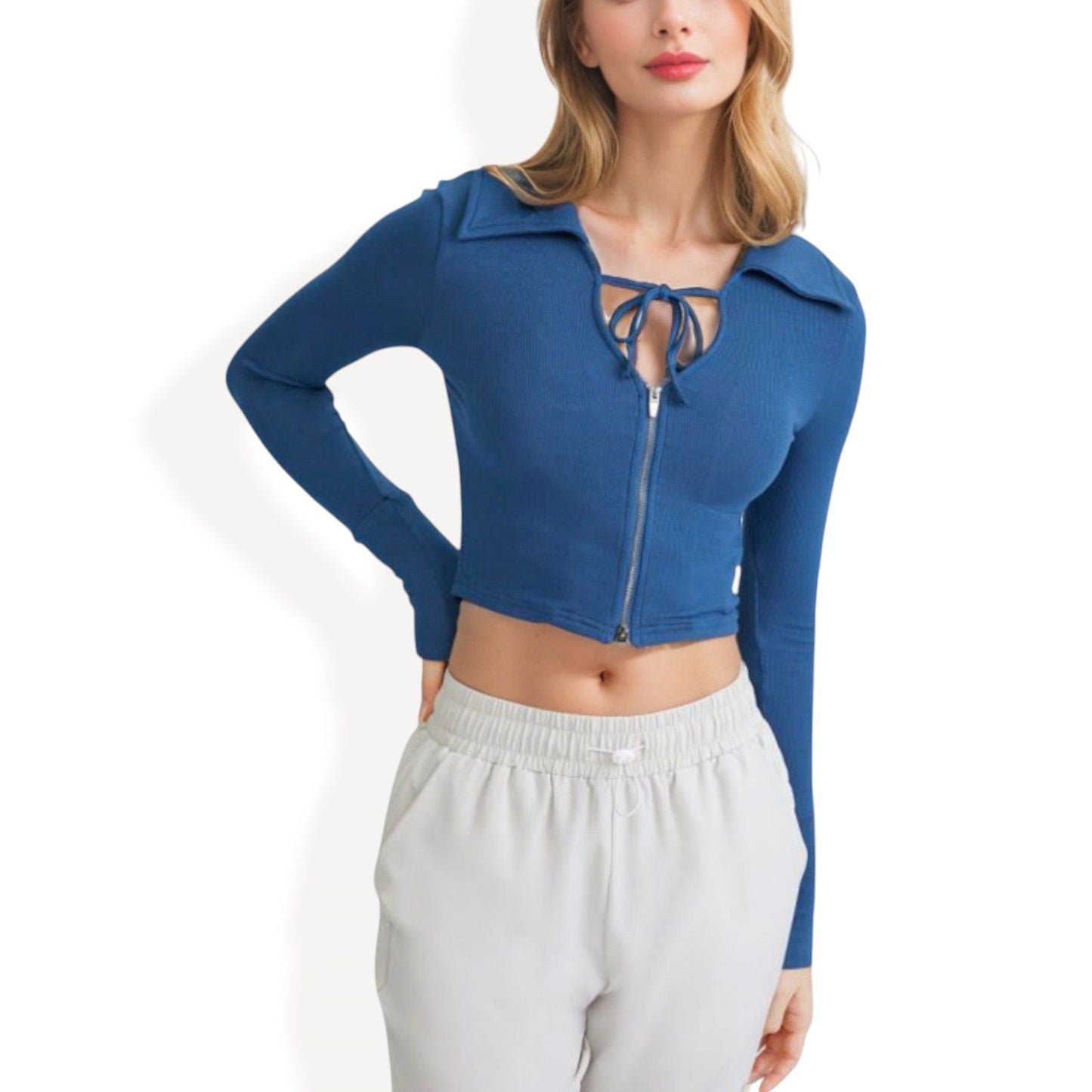 Zip Front Cropped Hoodie with Long Sleeves and Thumb Holes