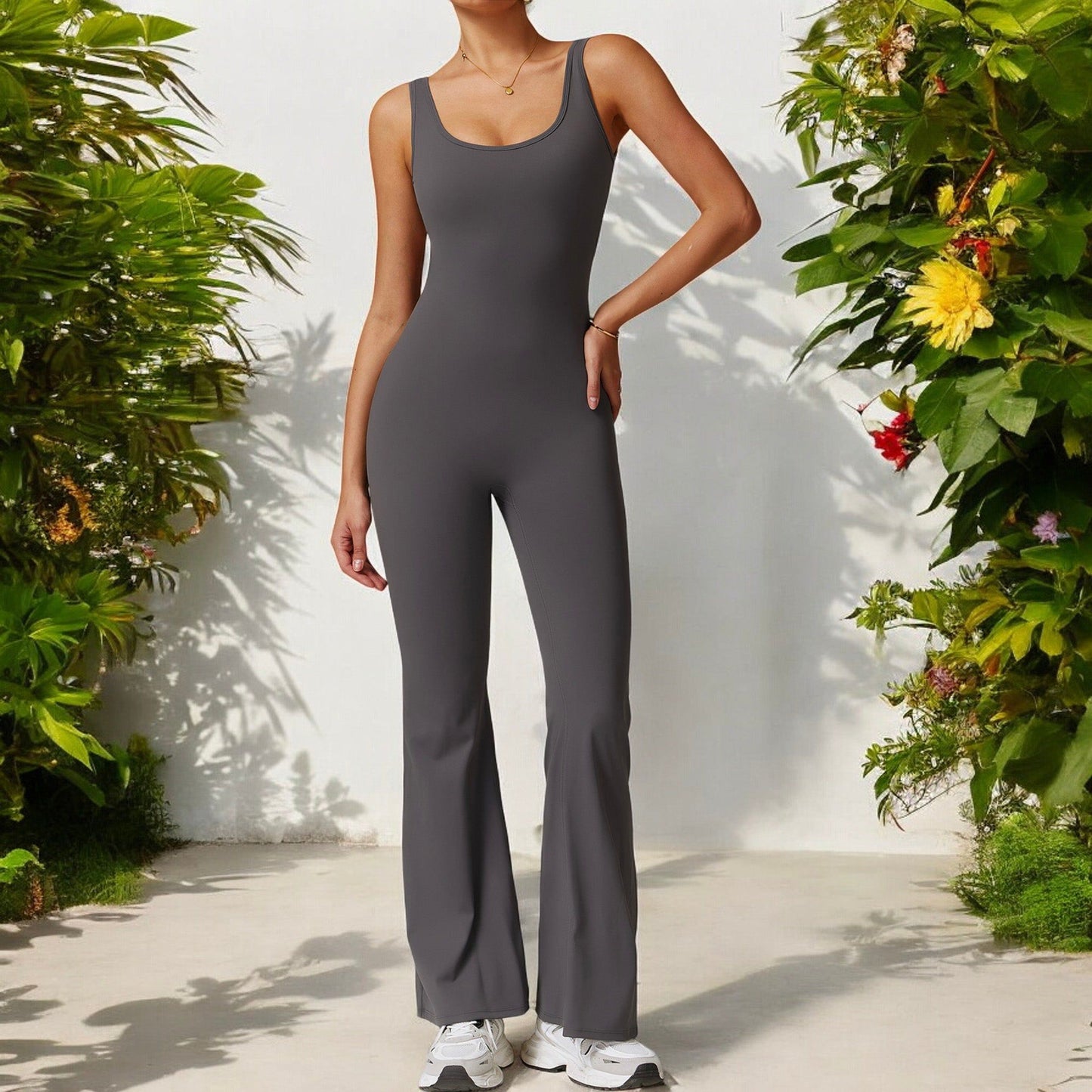 Seamless Flared Bodysuit with Scoop Neck for Activewear