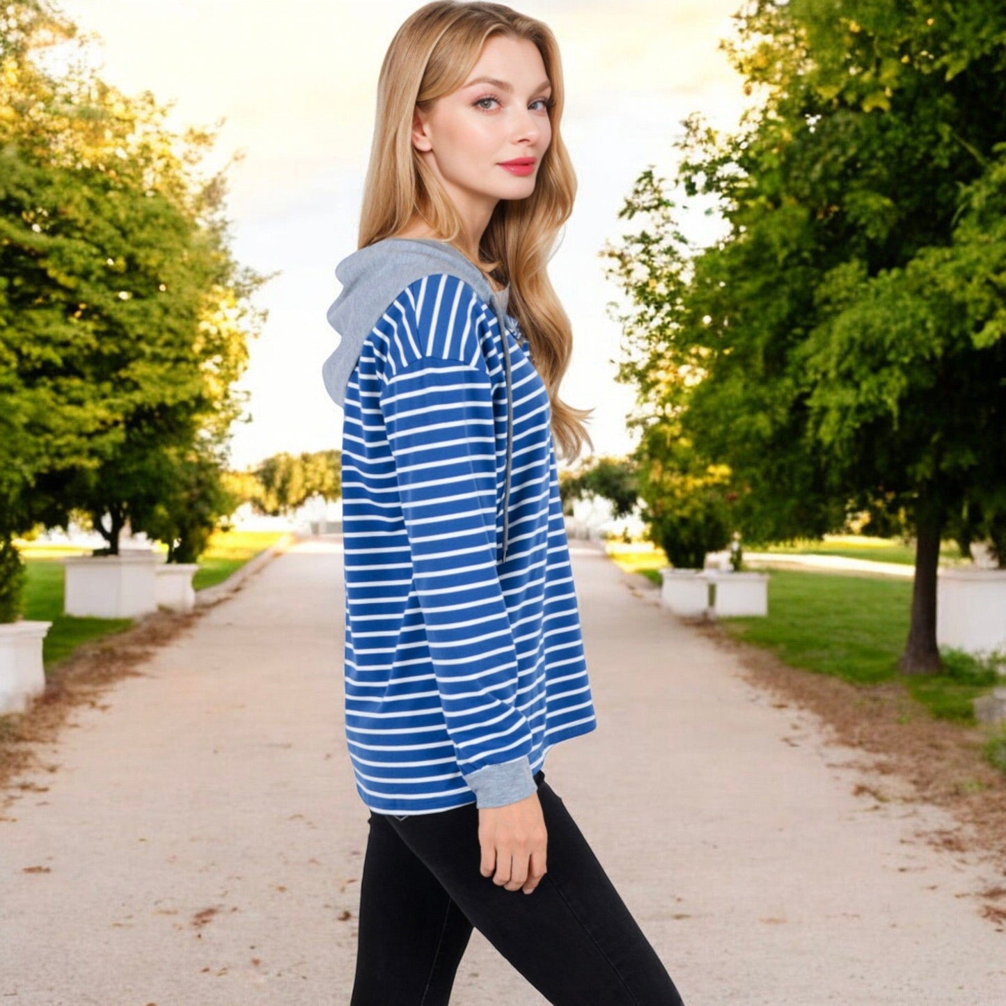 Striped Long Sleeve Hoodie with Button Placket and Contrast Cuffs