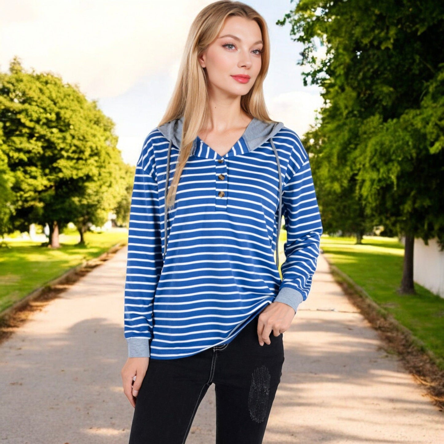 Striped Long Sleeve Hoodie with Button Placket and Contrast Cuffs