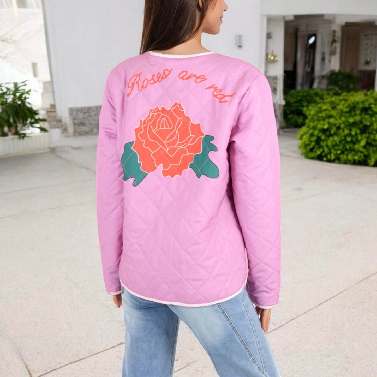 Quilted Floral Jacket with Bow Tie Closures and Patch Pockets