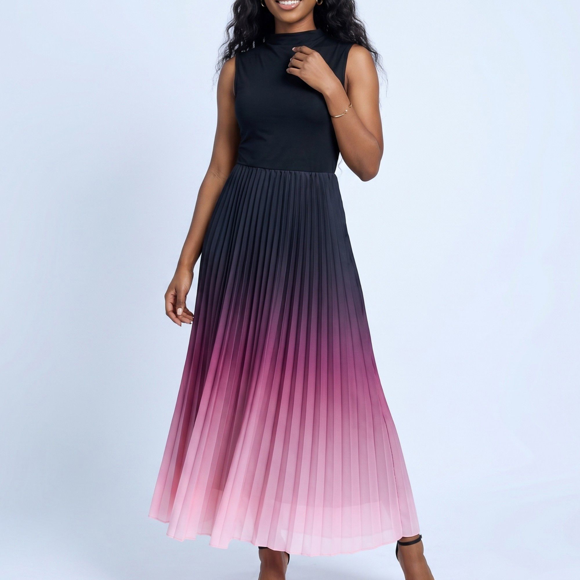 Anna-Kaci Women's Sleeveless High Neck Pleated Ombre A-Line Maxi Dress with Flowy Skirt, Large 12-14 / Black