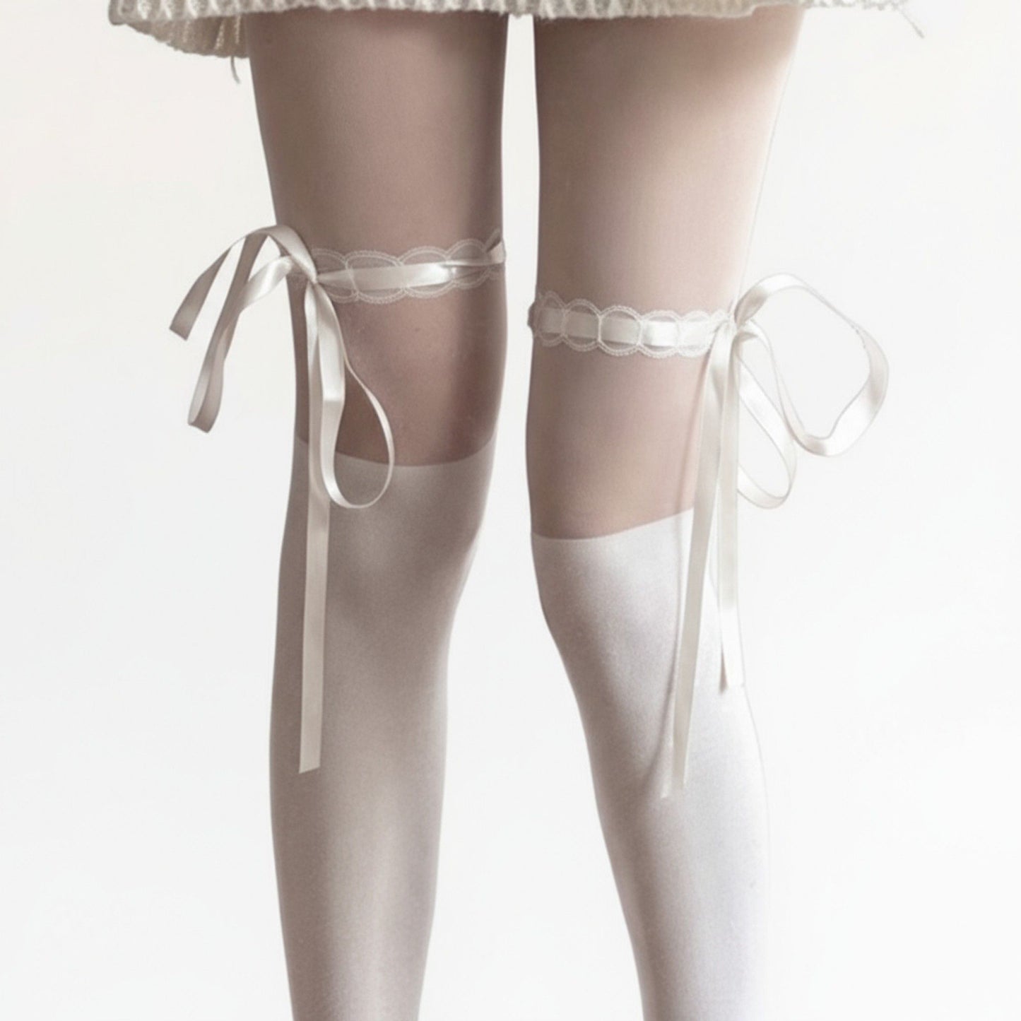 Anna-Kaci 2pcs Women's Sheer Over-the-Knee Tights with Satin Ribbon Bow and Scalloped Edge Design
