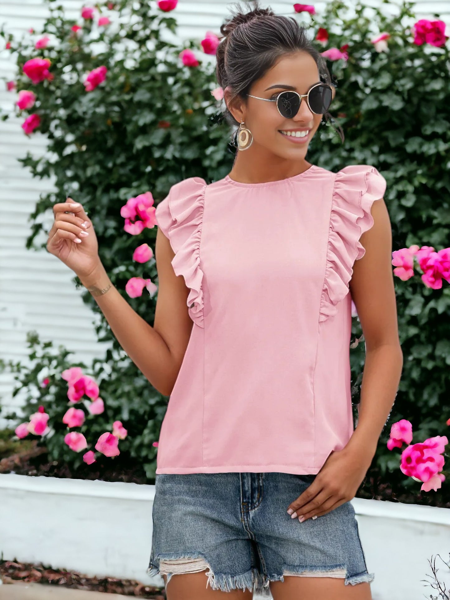 Ruffle Sleeveless Tied Open Back Blouse