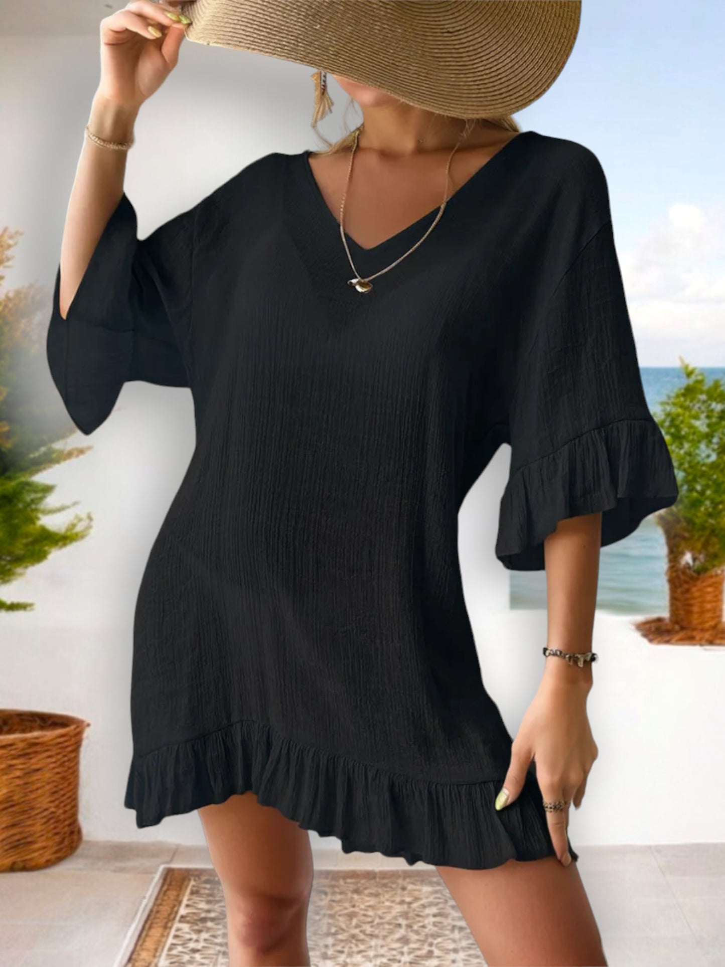 Anna-Kaci Women's V-Neck Ruffle Hem Loose Fit Tunic Dress