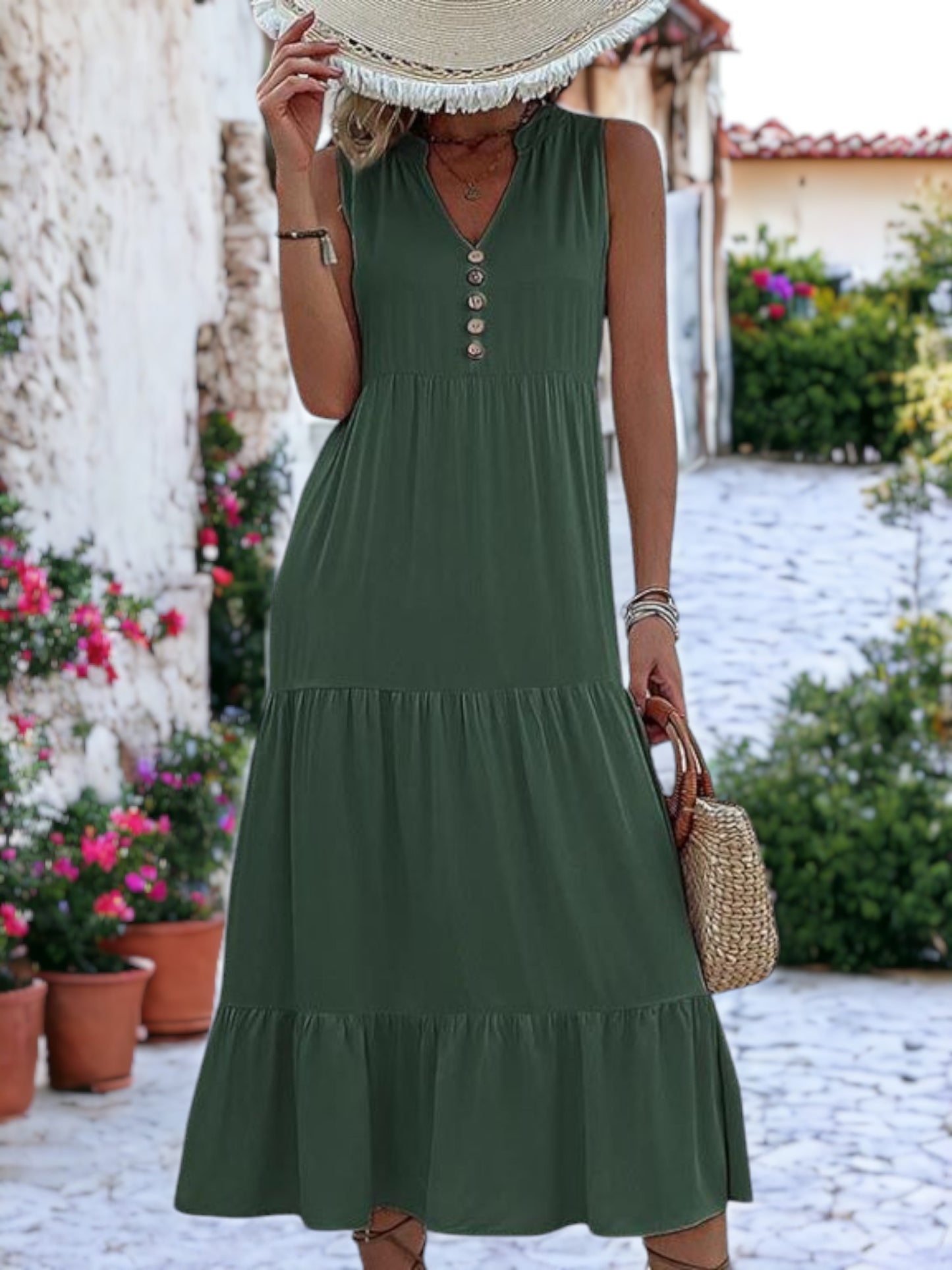 Vestido midi bohemio con volantes, cuello en V y botones detallados para mujer