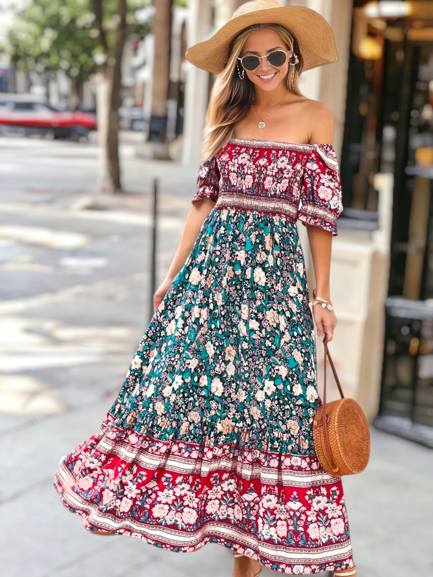 Multicolor Floral Print Off-Shoulder Bohemian Dress for Women – Anna-Kaci