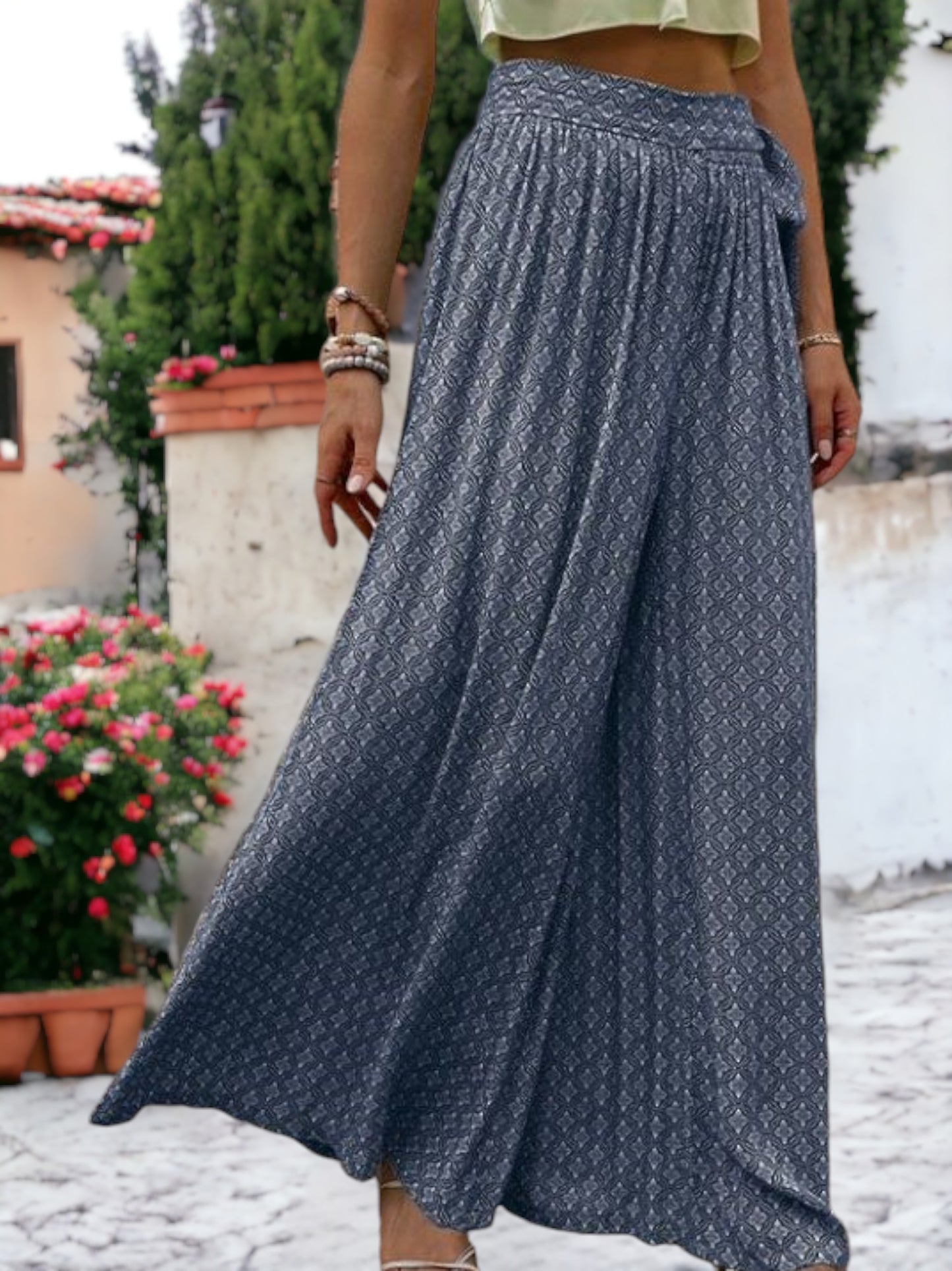Tie Waist Casual Wide Legged Loose Printed Pants