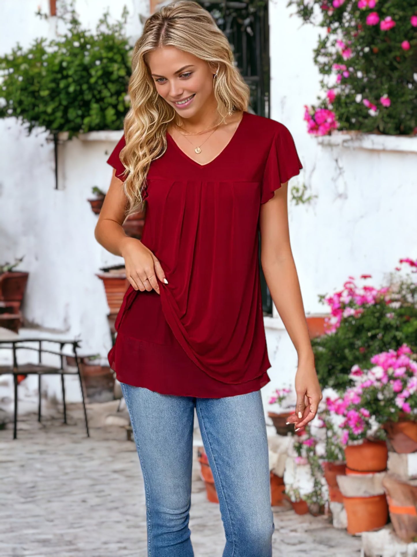 V-Neck Flutter Sleeved Two Layer Mesh Detail Blouse