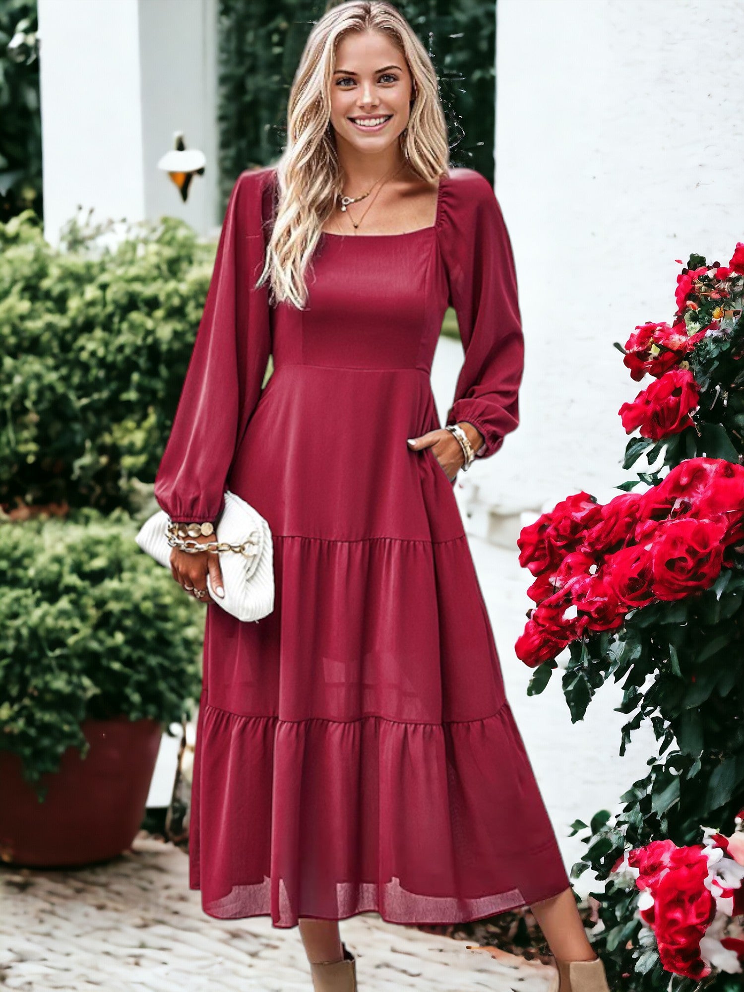 Solid Color Square Neck Bishop Sleeve Classic Midi Dress for Women Anna-Kaci Solid Color Square Neck Bishop Sleeve Classic Midi Dress for Women Anna-Kaci