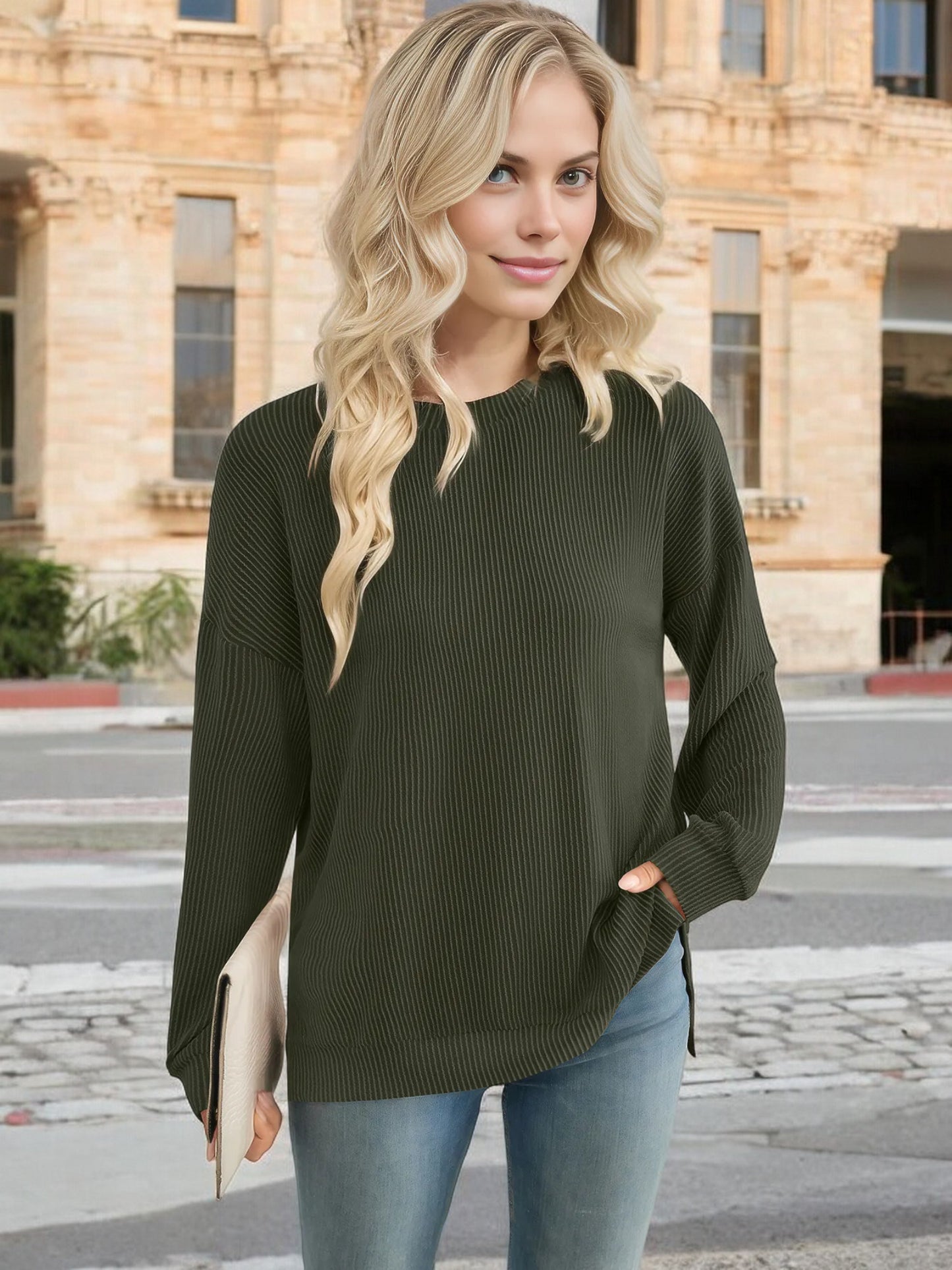 Anna-Kaci Women's Oversized Long Sleeve Knit Top with Ribbed Texture