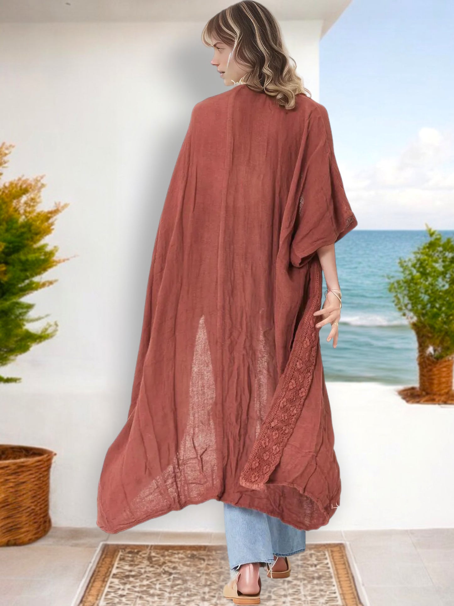 Kimono ligero, holgado, abierto al frente y con mangas anchas para mujer de Anna-Kaci