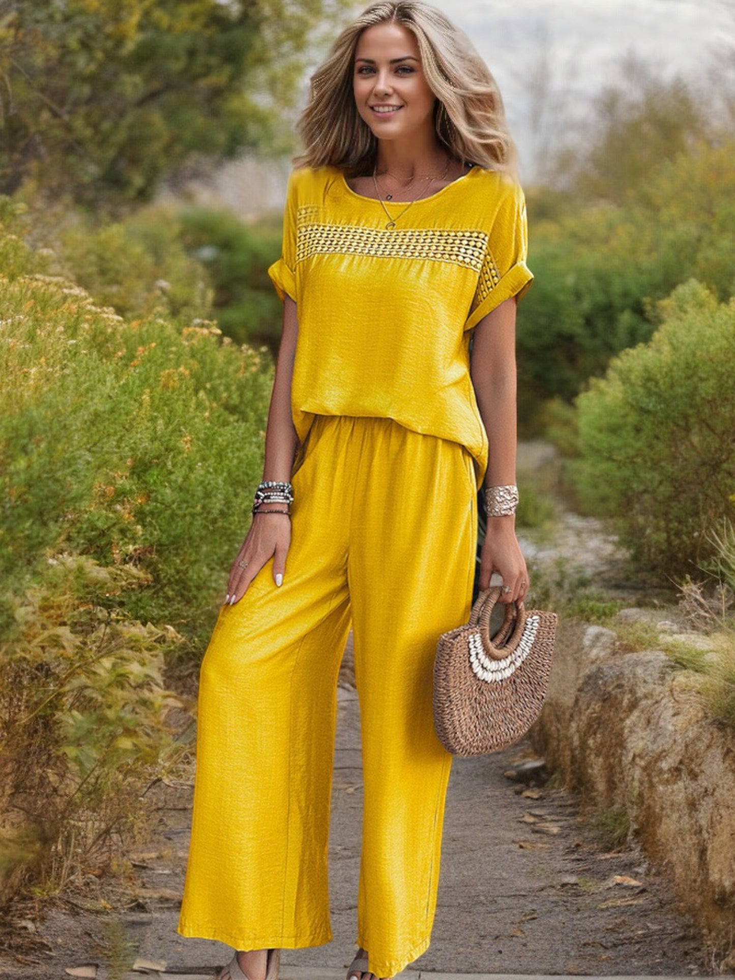 Conjunto de dos piezas para mujer Anna-Kaci con top con detalle bordado y pantalones de pierna ancha