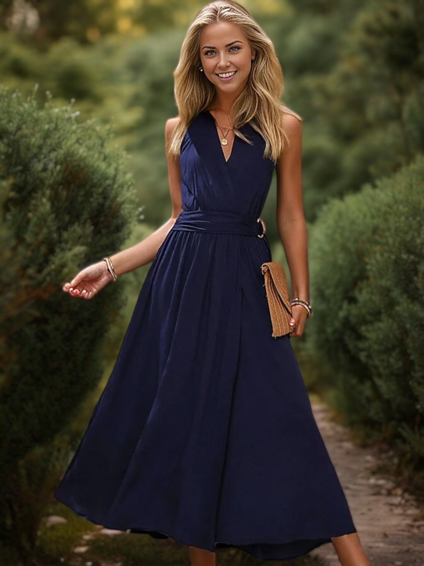 Anna-Kaci Women's Sleeveless V-Neck Wrap Maxi Dress with Belt and High Slit