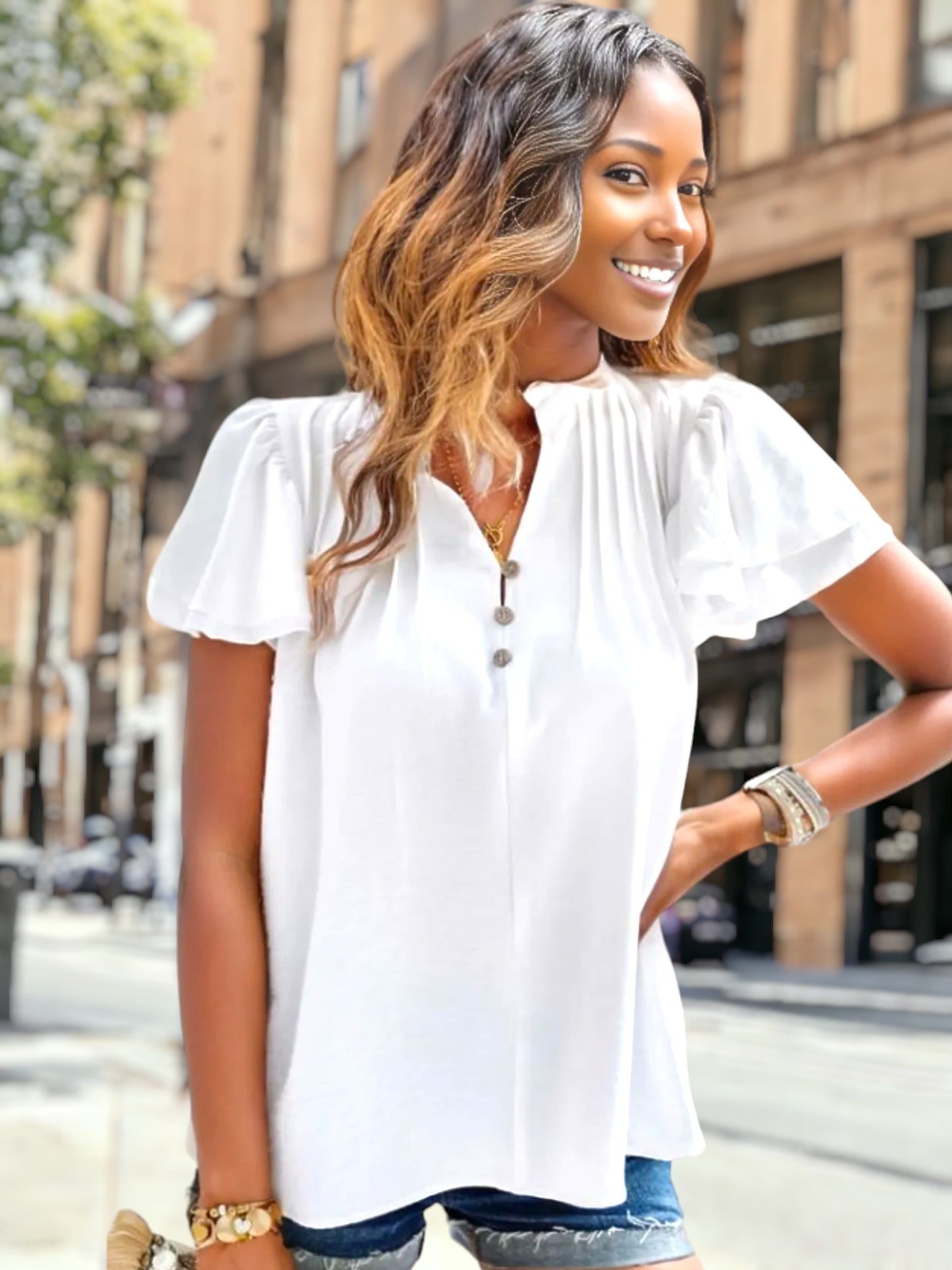 Pleated Detail Flutter Sleeve Blouse