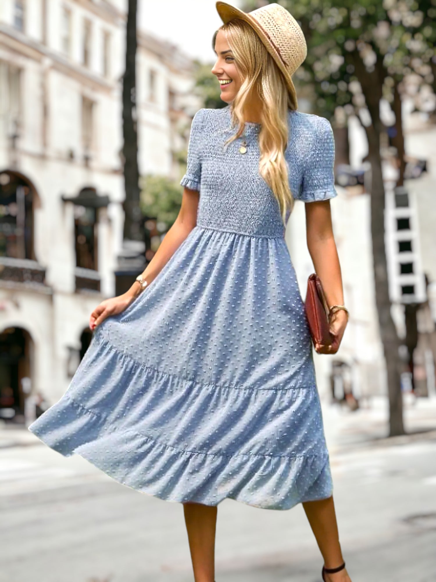 Double Textured Tiered Dress - Medium 6-8 / Blue Double Textured Tiered Dress - Medium 6-8 / Blue