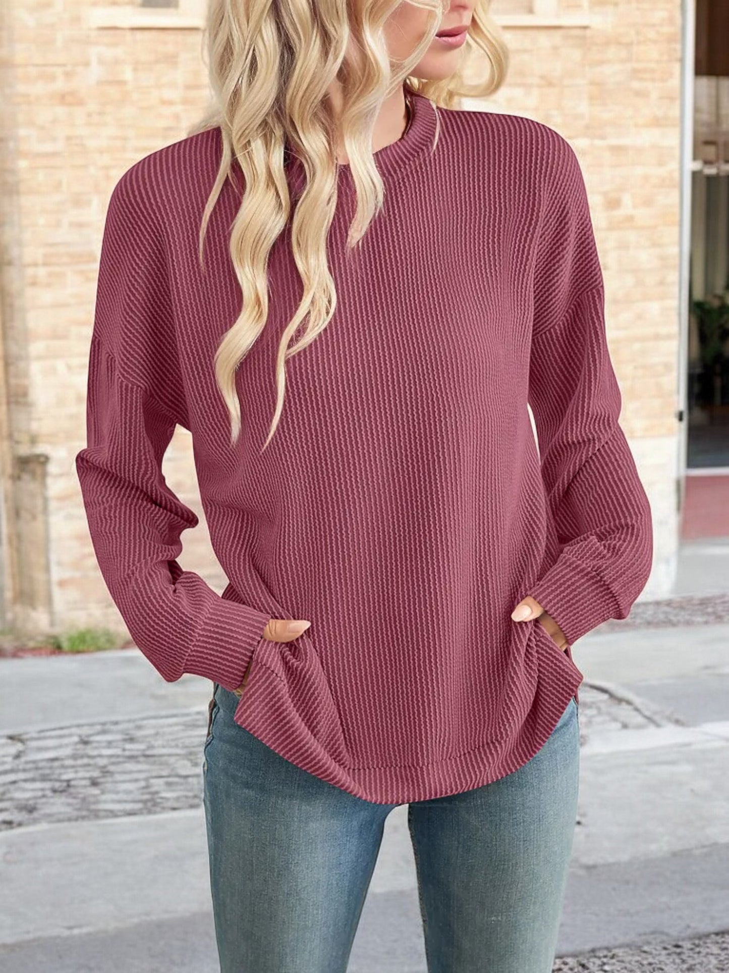 Anna-Kaci Women's Oversized Long Sleeve Knit Top with Ribbed Texture