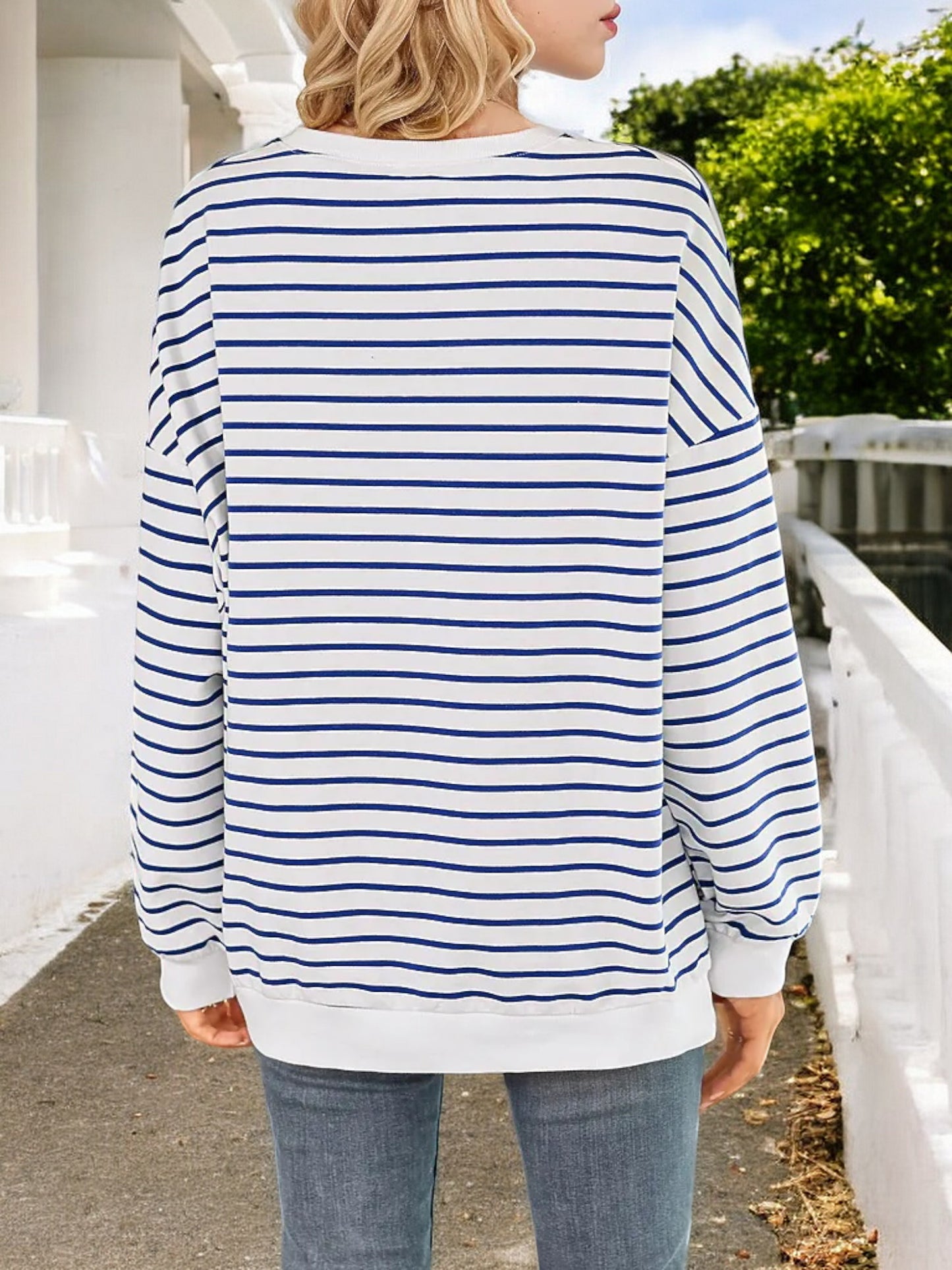 Anna-Kaci Women's Striped Long Sleeve Crew Neck Top with Drop Shoulder Design
