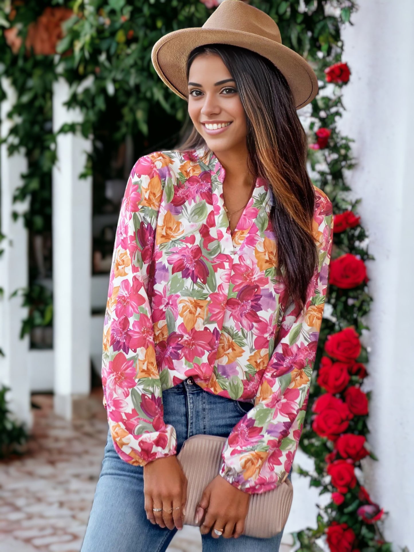 Split V Neck Multicolor Floral Blouse