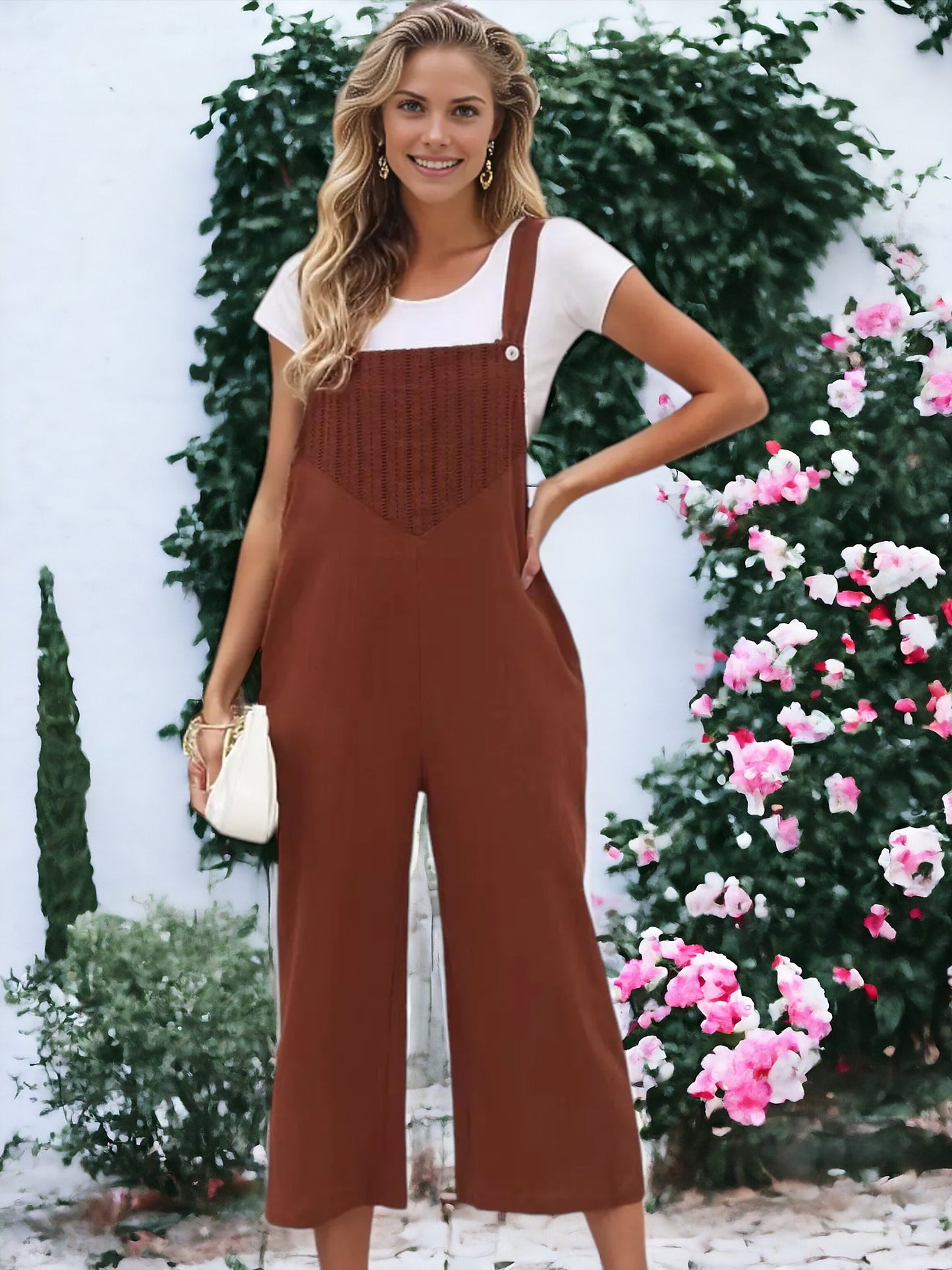 Solid Color Eyelet Detail Overalls