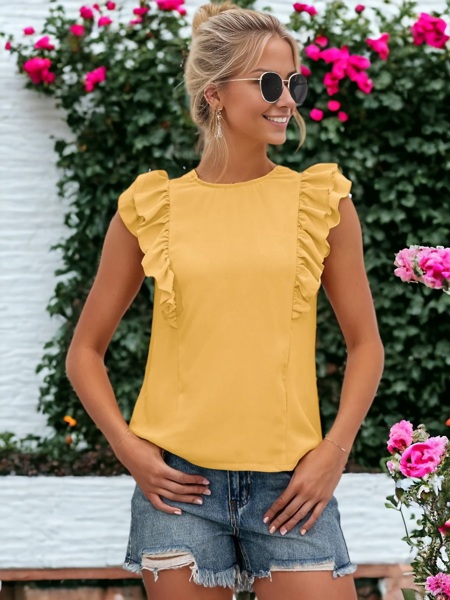 Ruffle Sleeveless Tied Open Back Blouse