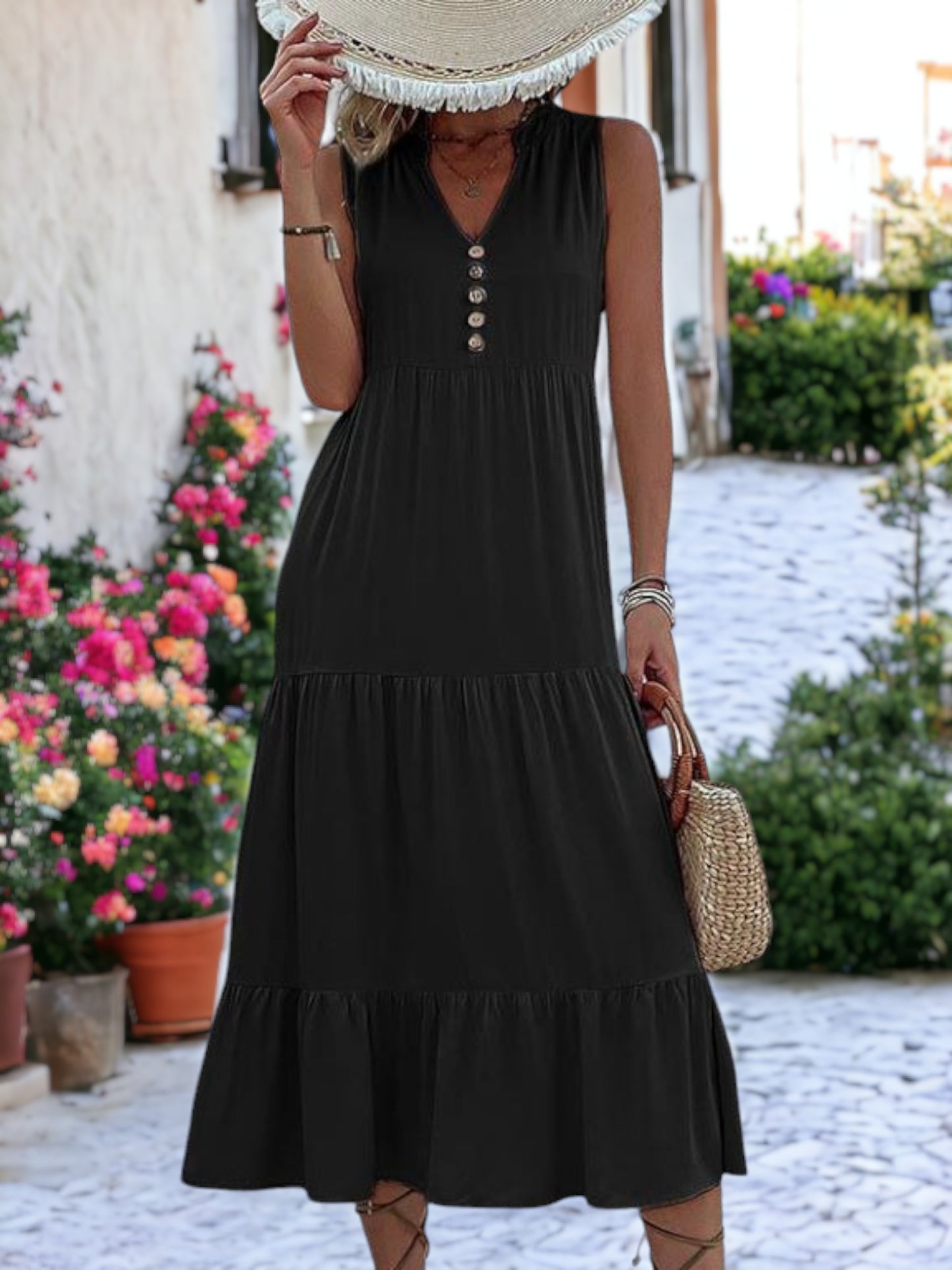Vestido midi bohemio con volantes, cuello en V y botones detallados para mujer