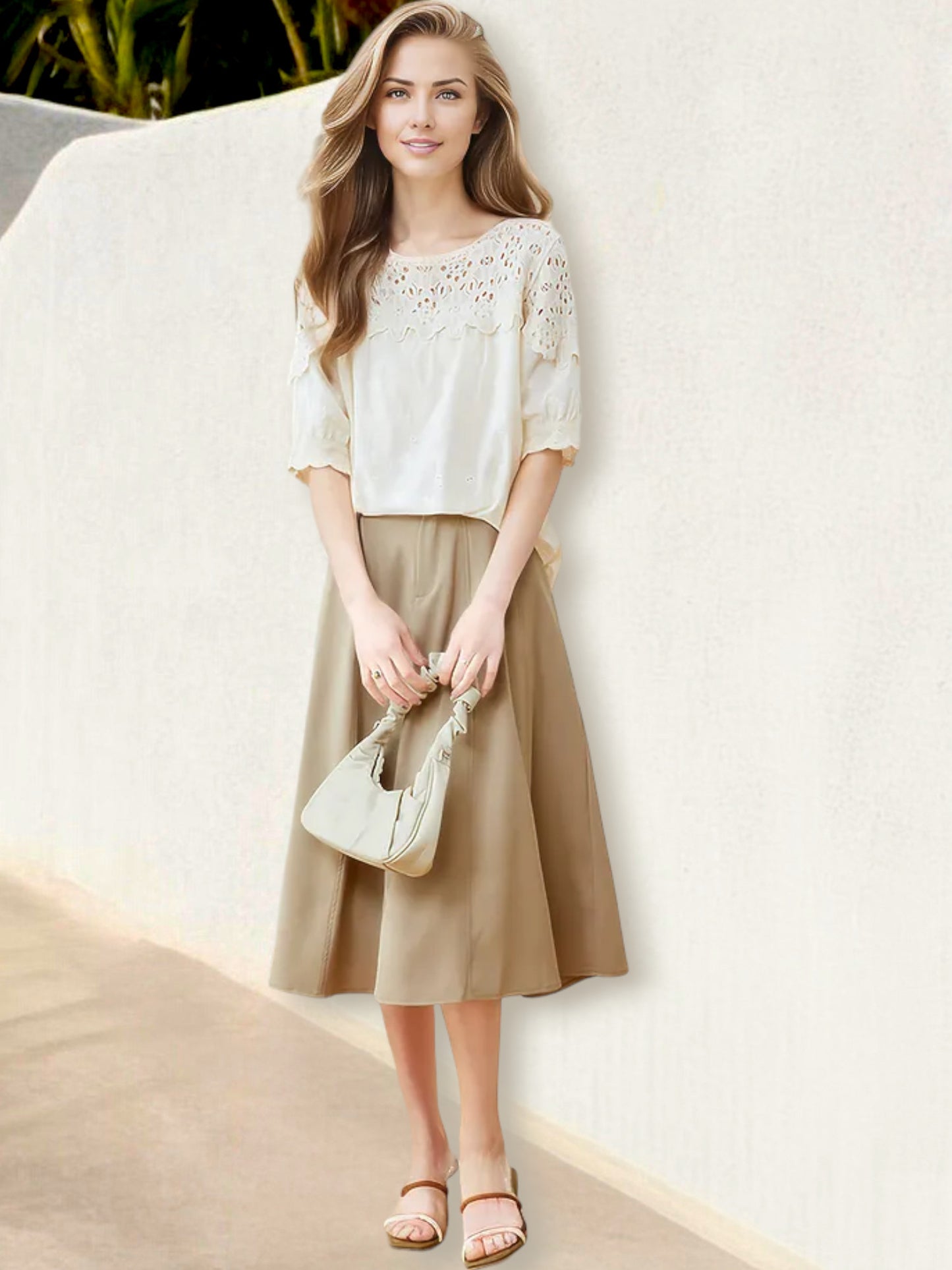 Anna-Kaci Women's Embroidered Lace Blouse with Scalloped Edge Sleeves