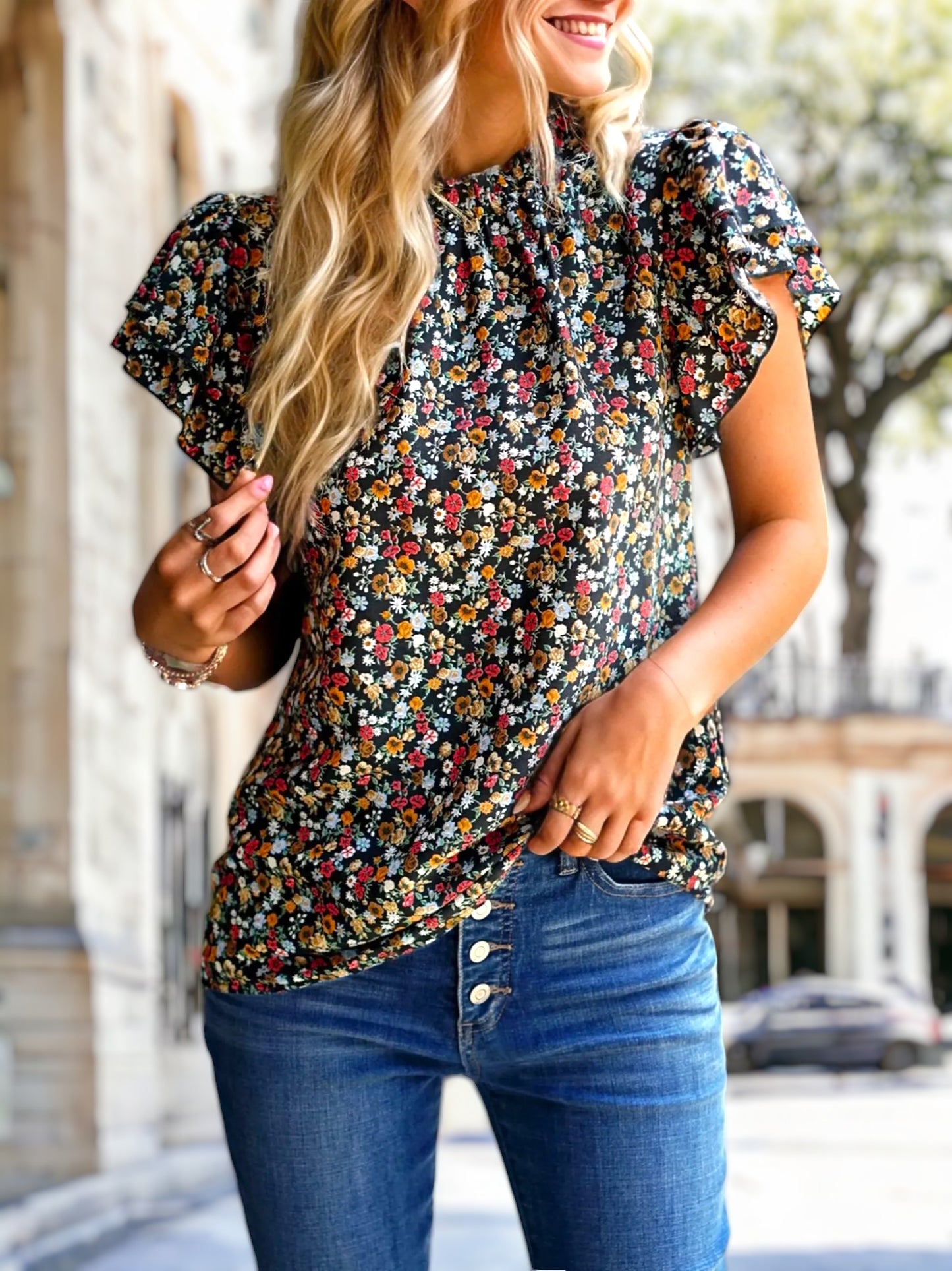 High Neck Tiered Sleeve Blouse